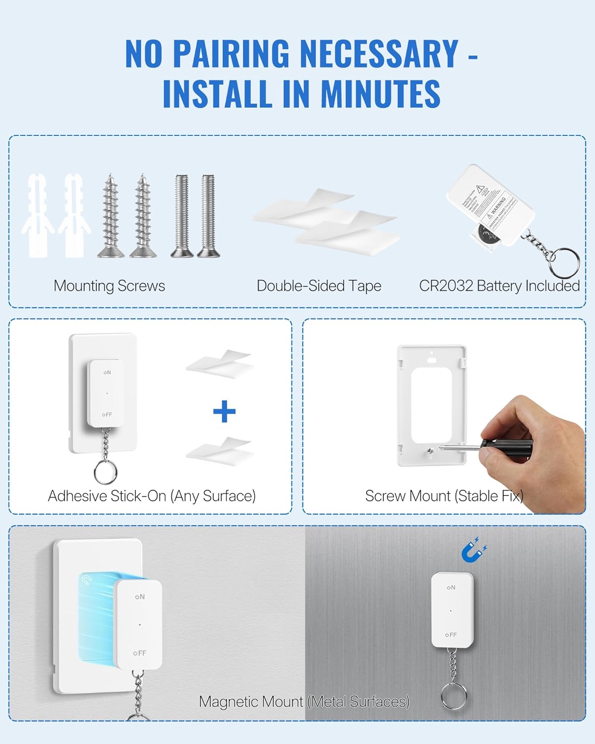 Remote Control Outlet, WILAWELS Wireless Light Switch with Magnetic Base, On Off Remote Outlet Switch for Lights, Lamps, Fan, Appliance, 100ft RF Range, 15A/1875W, One Remote for Two Plugs W09RC1206 - Image 6