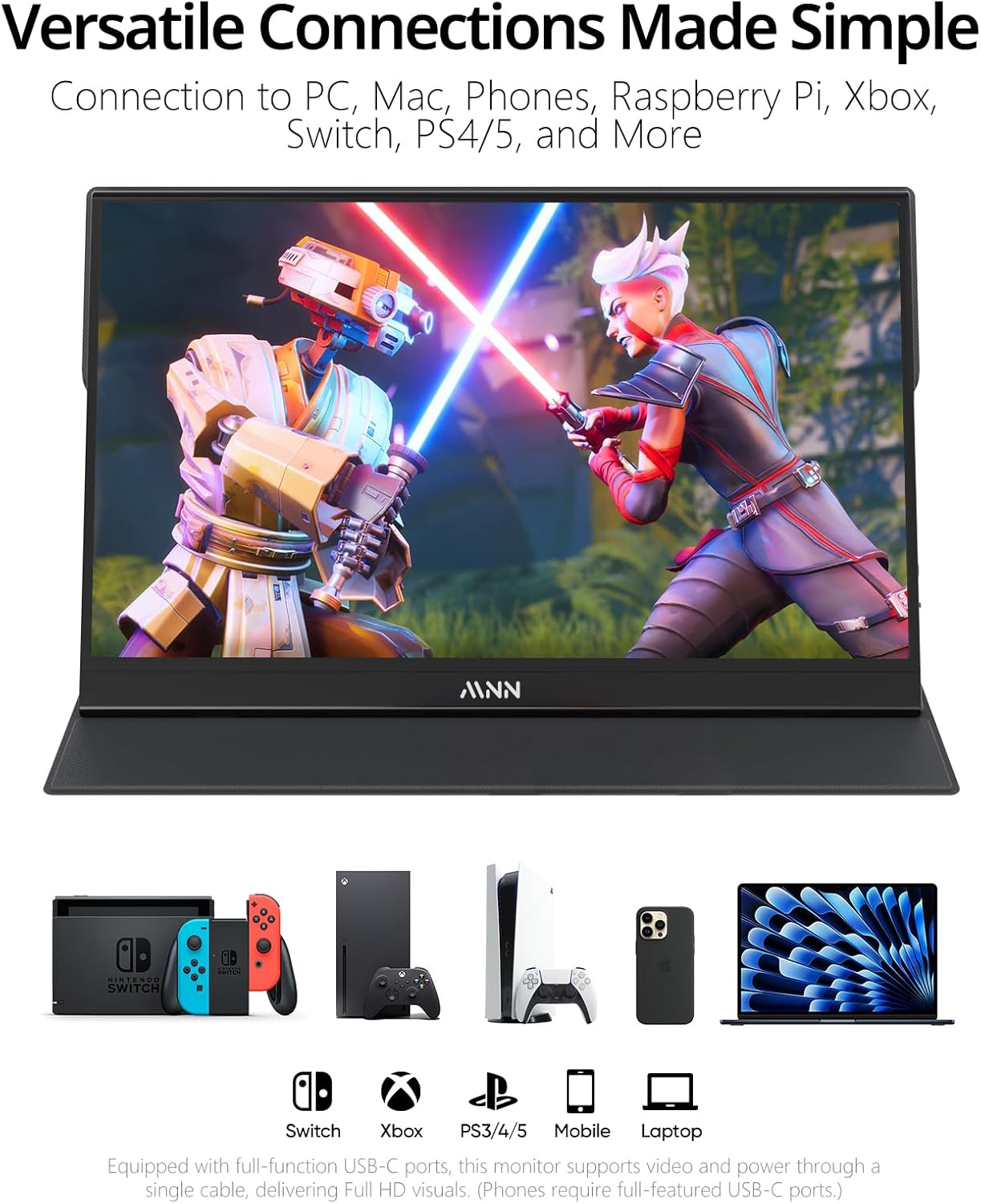 MNN Portable Monitor 15.6inch FHD 1080P USB C HDMI Gaming Ultra-Slim IPS Display w/Smart Cover & Speakers,HDR Plug&Play, External Monitor for Laptop PC Phone Mac (15.6'' 1080P) - Image 2