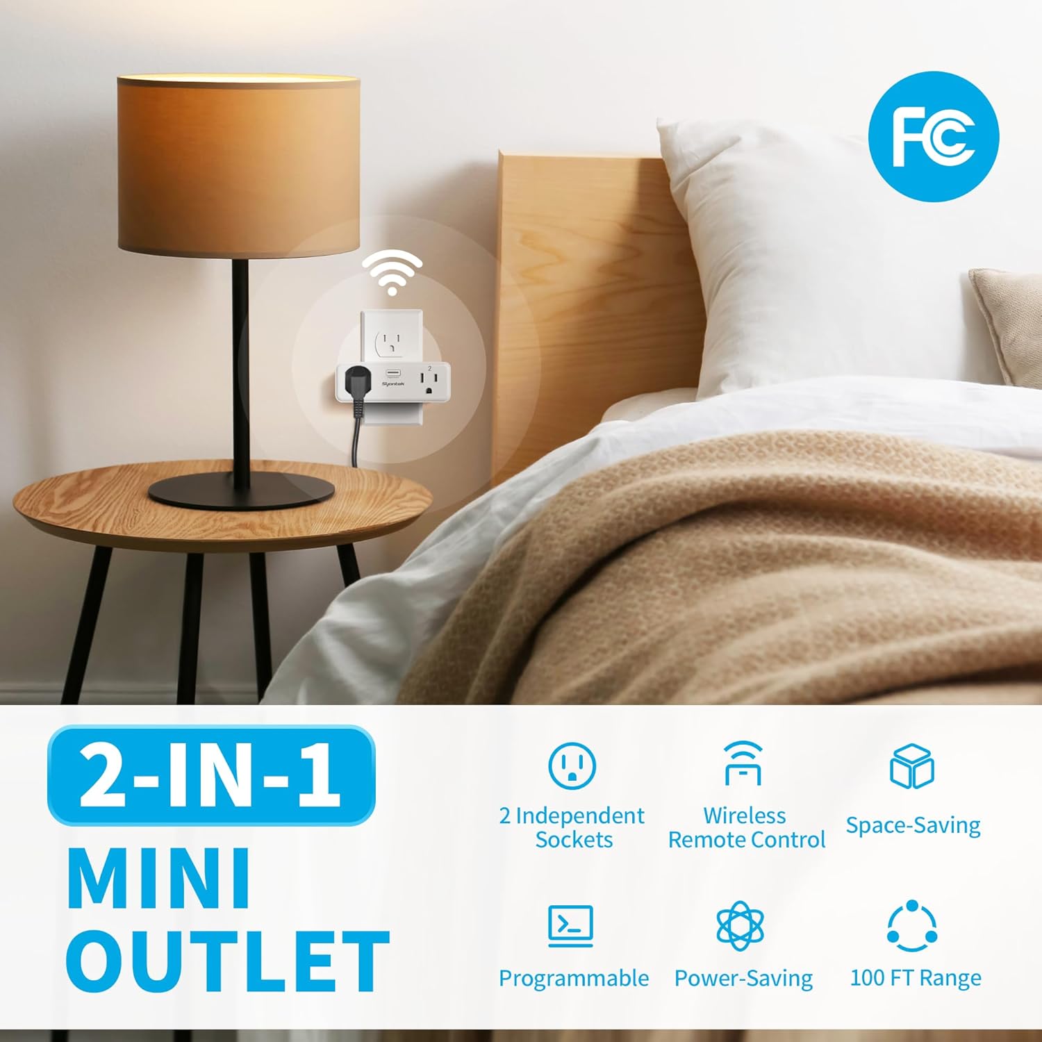 Remote Control Outlet with 2 Independent Control Sockets, Wireless Remote Light Switch Set, Remote Outlet Plug Up to 100 FT Range, FCC Certified, 15A/1875W, White (2 Outlets + 1 Remote)