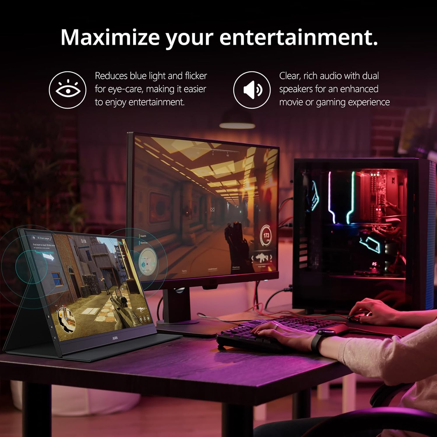 MNN Portable Monitor 15.6inch FHD 1080P USB C HDMI Gaming Ultra-Slim IPS Display w/Smart Cover & Speakers,HDR Plug&Play, External Monitor for Laptop PC Phone Mac (15.6'' 1080P) - Image 3