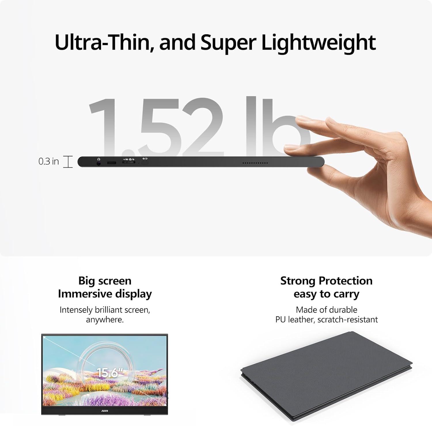 MNN Portable Monitor 15.6inch FHD 1080P USB C HDMI Gaming Ultra-Slim IPS Display w/Smart Cover & Speakers,HDR Plug&Play, External Monitor for Laptop PC Phone Mac (15.6'' 1080P) - Image 4