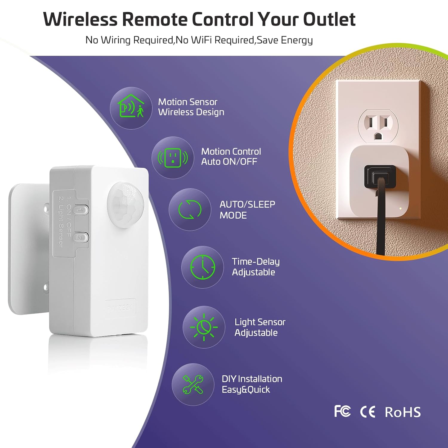 RAYZEEK Wireless Motion Sensor Plug Kits,No-Wire Mini PIR Sensor Switch Control Plug to Auto Turn On/Off Electrical Devices,10A/1100W for Christmas Lights,Fans,Household Appliances - Image 2