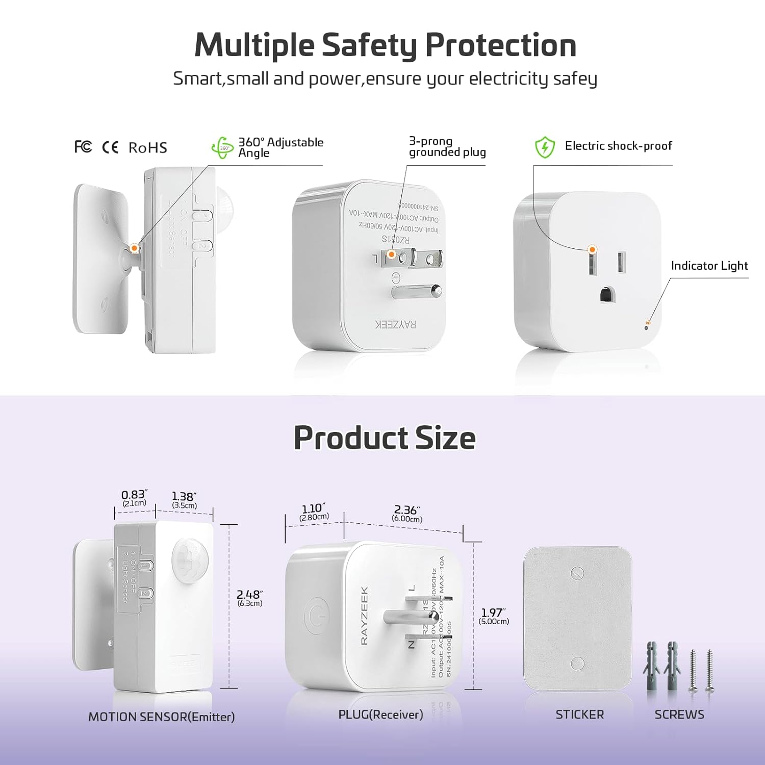 RAYZEEK Wireless Motion Sensor Plug Kits,No-Wire Mini PIR Sensor Switch Control Plug to Auto Turn On/Off Electrical Devices,10A/1100W for Christmas Lights,Fans,Household Appliances - Image 3