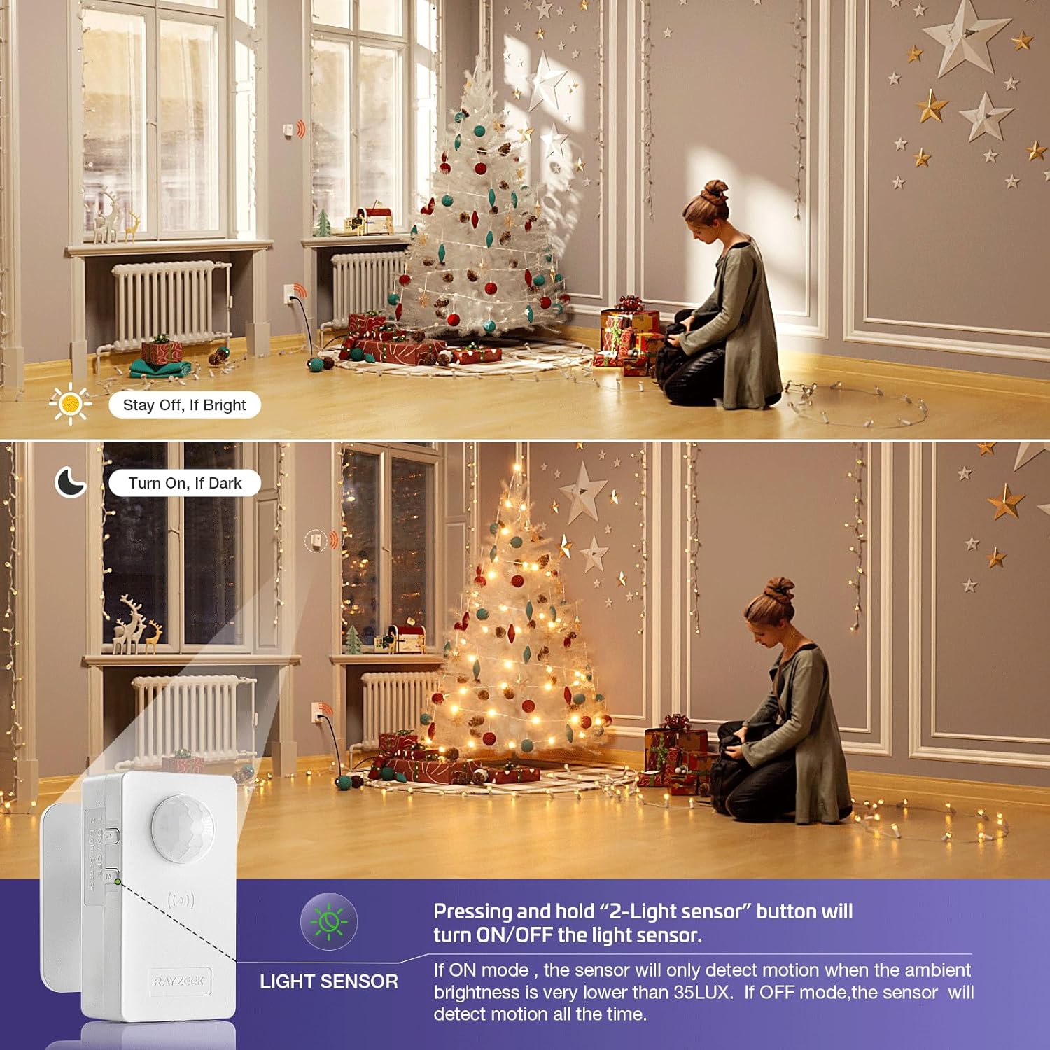 RAYZEEK Wireless Motion Sensor Plug Kits,No-Wire Mini PIR Sensor Switch Control Plug to Auto Turn On/Off Electrical Devices,10A/1100W for Christmas Lights,Fans,Household Appliances - Image 4