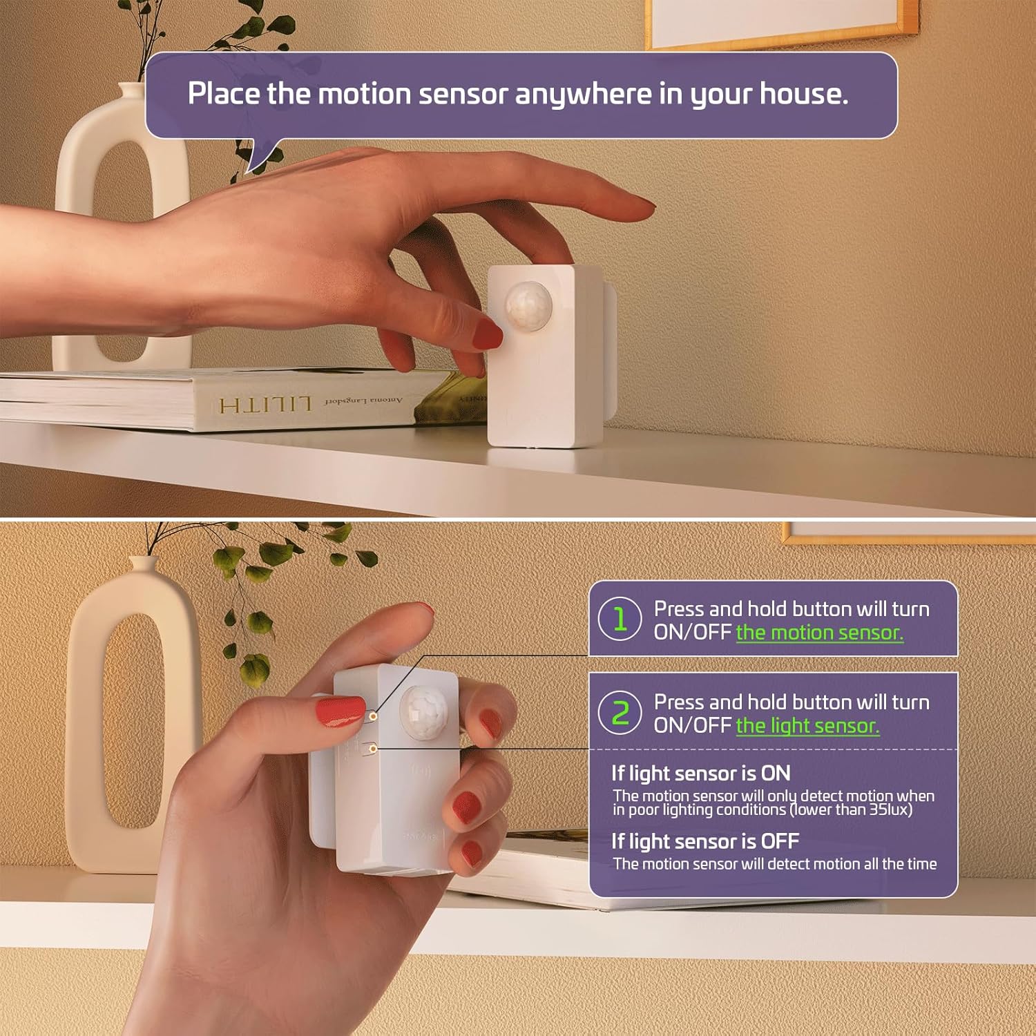 RAYZEEK Wireless Motion Sensor Plug Kits,No-Wire Mini PIR Sensor Switch Control Plug to Auto Turn On/Off Electrical Devices,10A/1100W for Christmas Lights,Fans,Household Appliances - Image 6