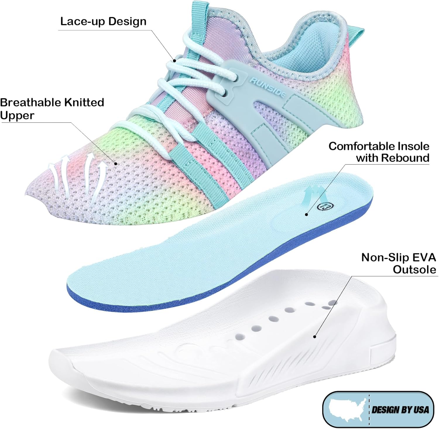RUNSIDE Girls Tennis Shoes Lightweight Sports Kids Sneakers Lace-up for Running/Walking, Toddler/Little Kid/Big Kid - Image 3