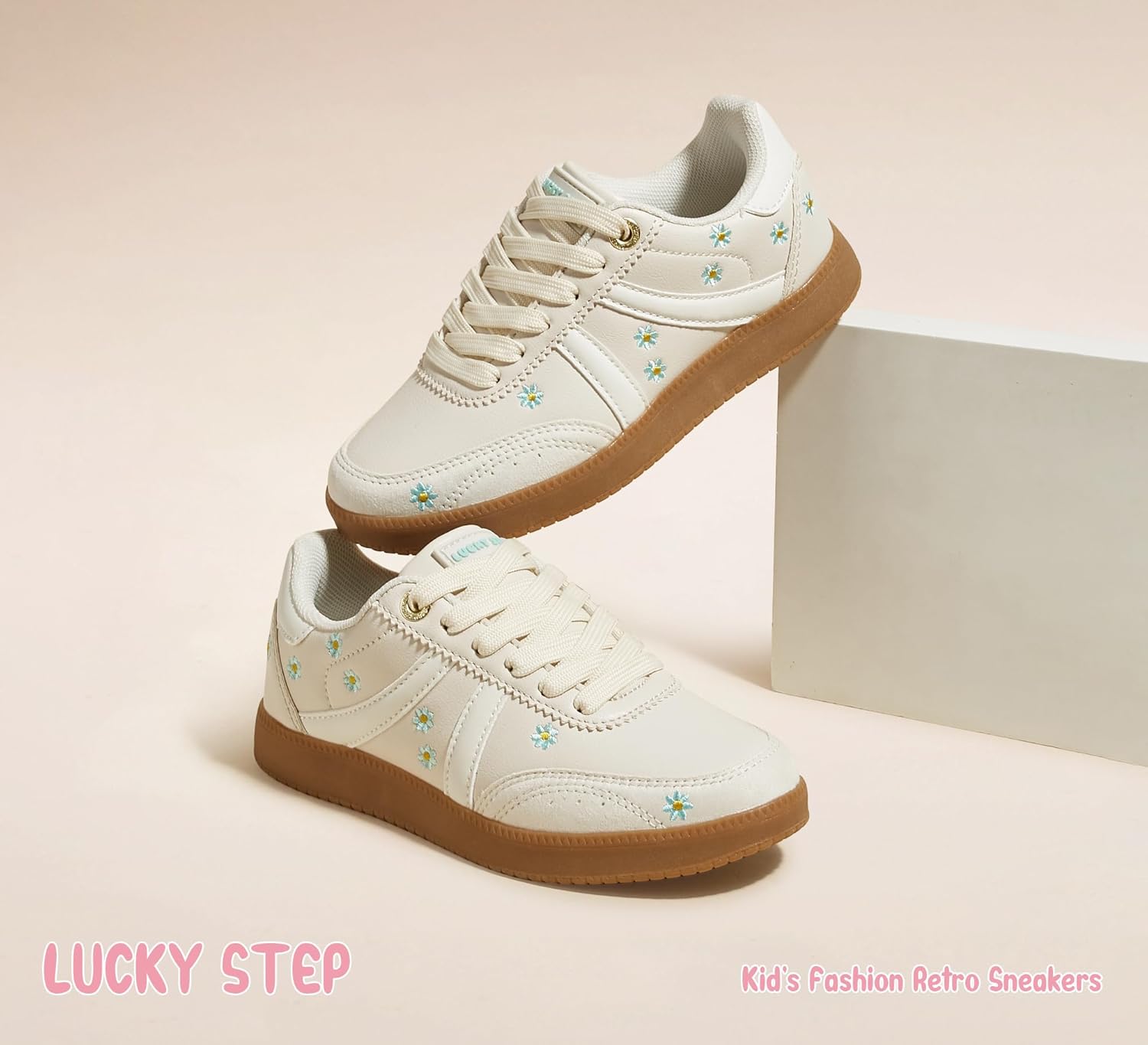LUCKY STEP Kids Classic Retro Tennis Sneakers Fashion Gum Sole Casual Floral Embroidery Walking Shoes for Big&Little Kid and Toddler