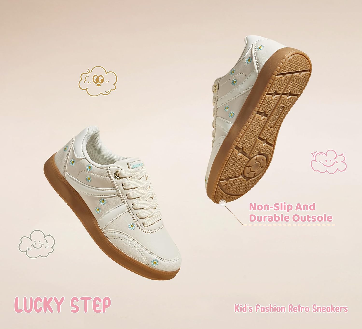 LUCKY STEP Kids Classic Retro Tennis Sneakers Fashion Gum Sole Casual Floral Embroidery Walking Shoes for Big&Little Kid and Toddler - Image 3