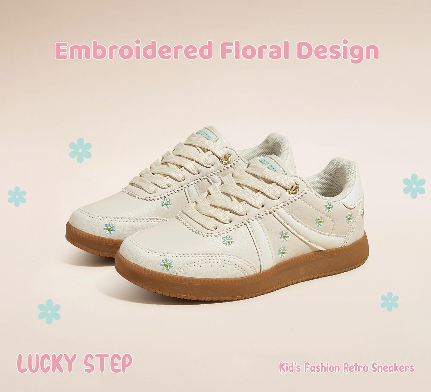 LUCKY STEP Kids Classic Retro Tennis Sneakers Fashion Gum Sole Casual Floral Embroidery Walking Shoes for Big&Little Kid and Toddler - Image 4
