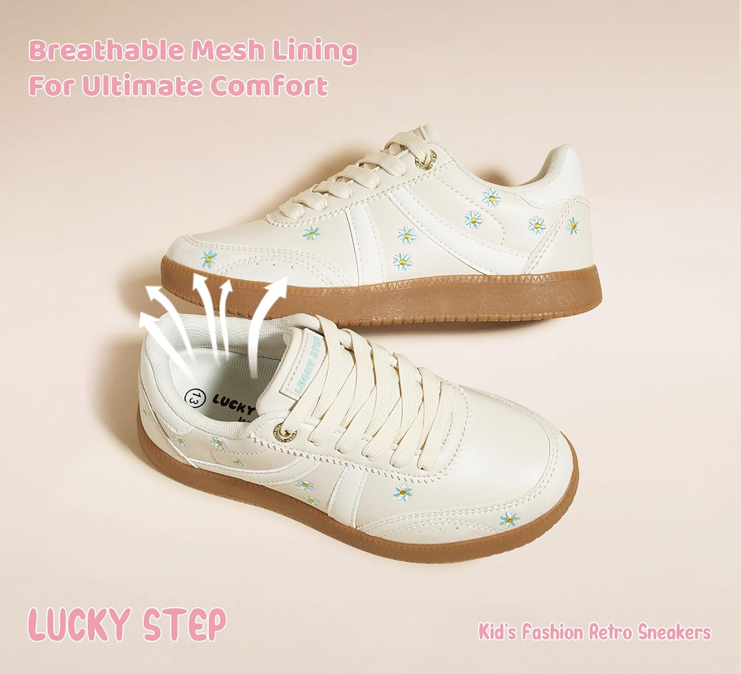 LUCKY STEP Kids Classic Retro Tennis Sneakers Fashion Gum Sole Casual Floral Embroidery Walking Shoes for Big&Little Kid and Toddler - Image 5