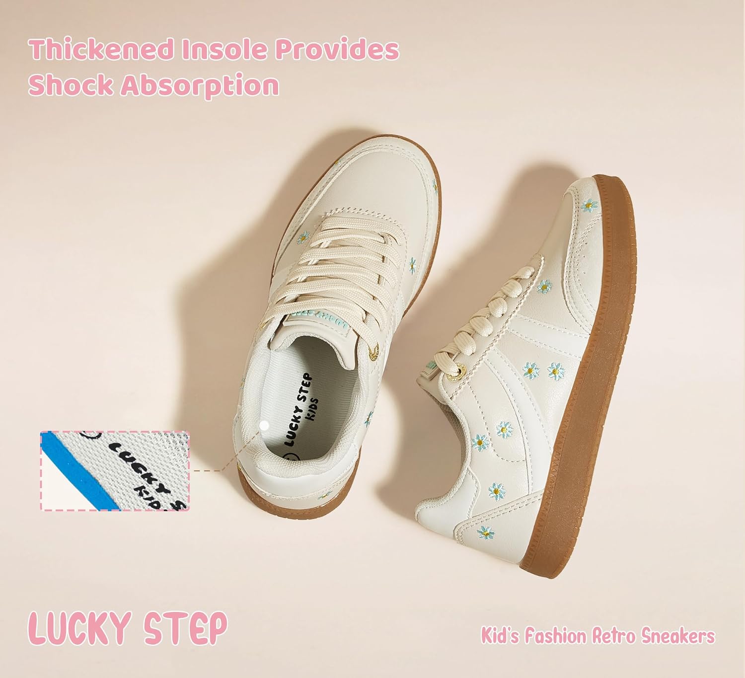 LUCKY STEP Kids Classic Retro Tennis Sneakers Fashion Gum Sole Casual Floral Embroidery Walking Shoes for Big&Little Kid and Toddler - Image 6