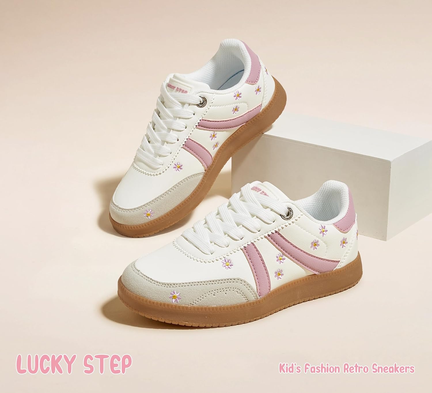 LUCKY STEP Kids Classic Retro Tennis Sneakers Fashion Gum Sole Casual Floral Embroidery Walking Shoes for Big&Little Kid and Toddler