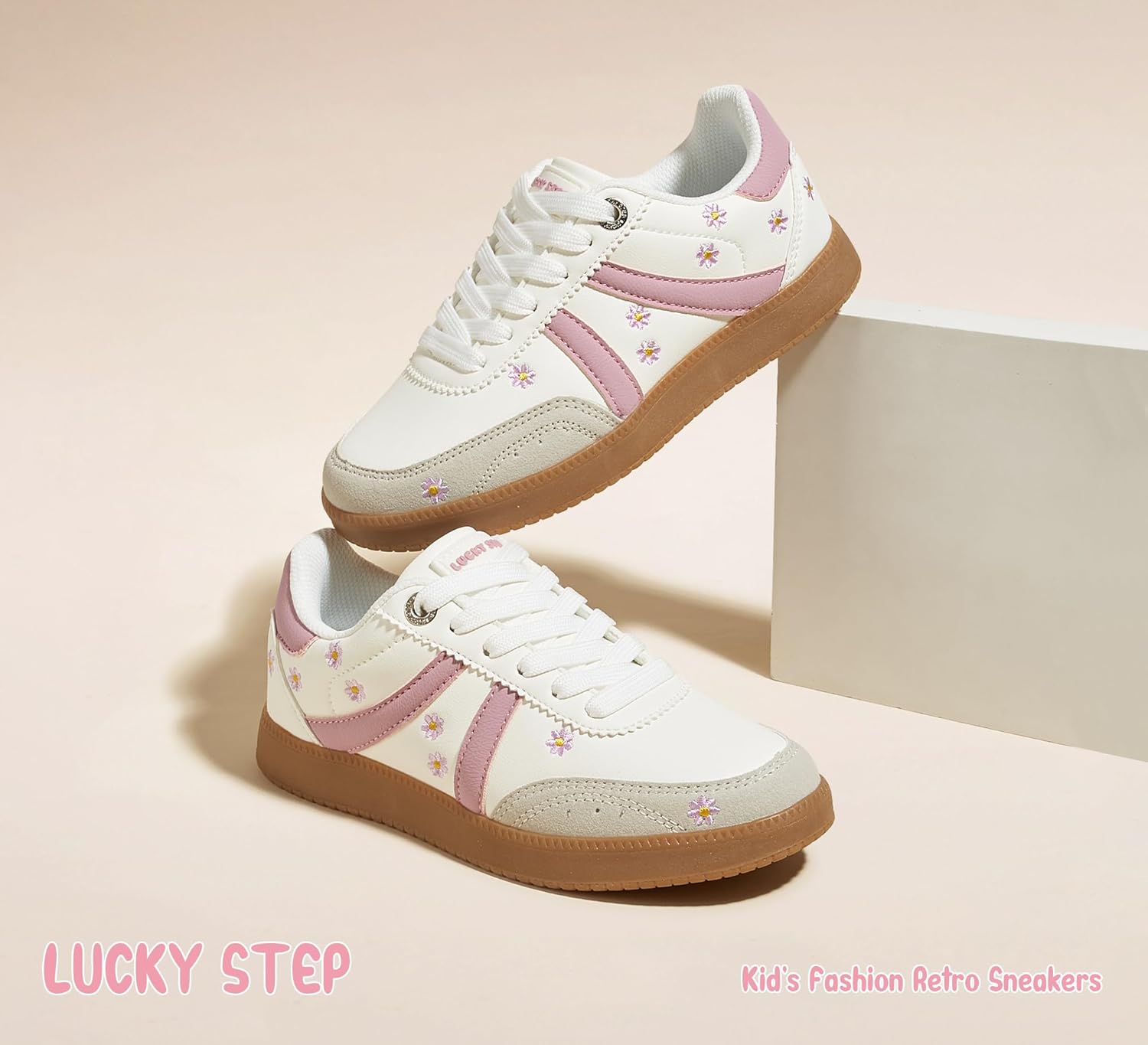 LUCKY STEP Kids Classic Retro Tennis Sneakers Fashion Gum Sole Casual Floral Embroidery Walking Shoes for Big&Little Kid and Toddler - Image 2