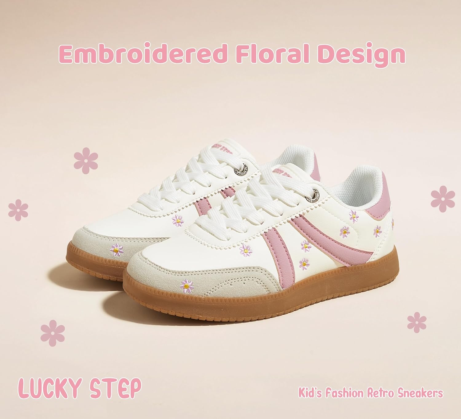 LUCKY STEP Kids Classic Retro Tennis Sneakers Fashion Gum Sole Casual Floral Embroidery Walking Shoes for Big&Little Kid and Toddler - Image 4