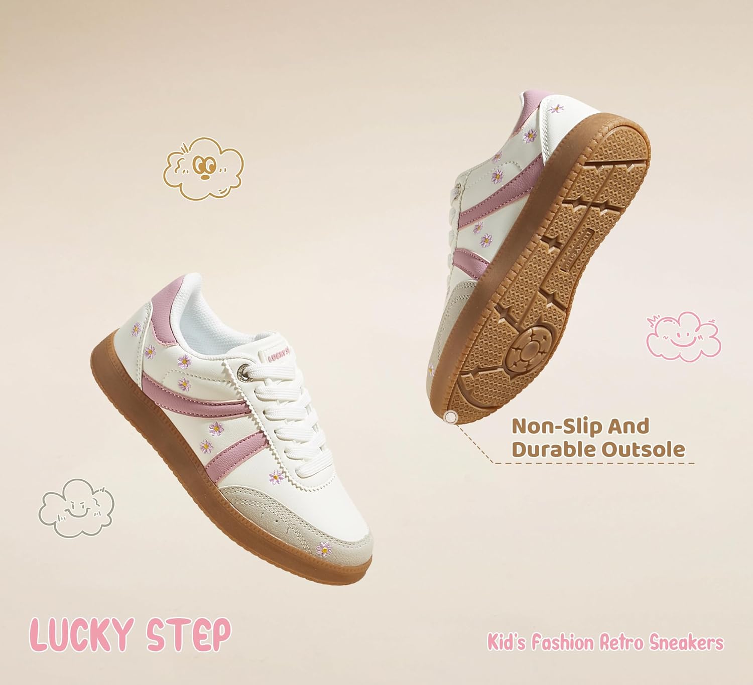 LUCKY STEP Kids Classic Retro Tennis Sneakers Fashion Gum Sole Casual Floral Embroidery Walking Shoes for Big&Little Kid and Toddler - Image 5