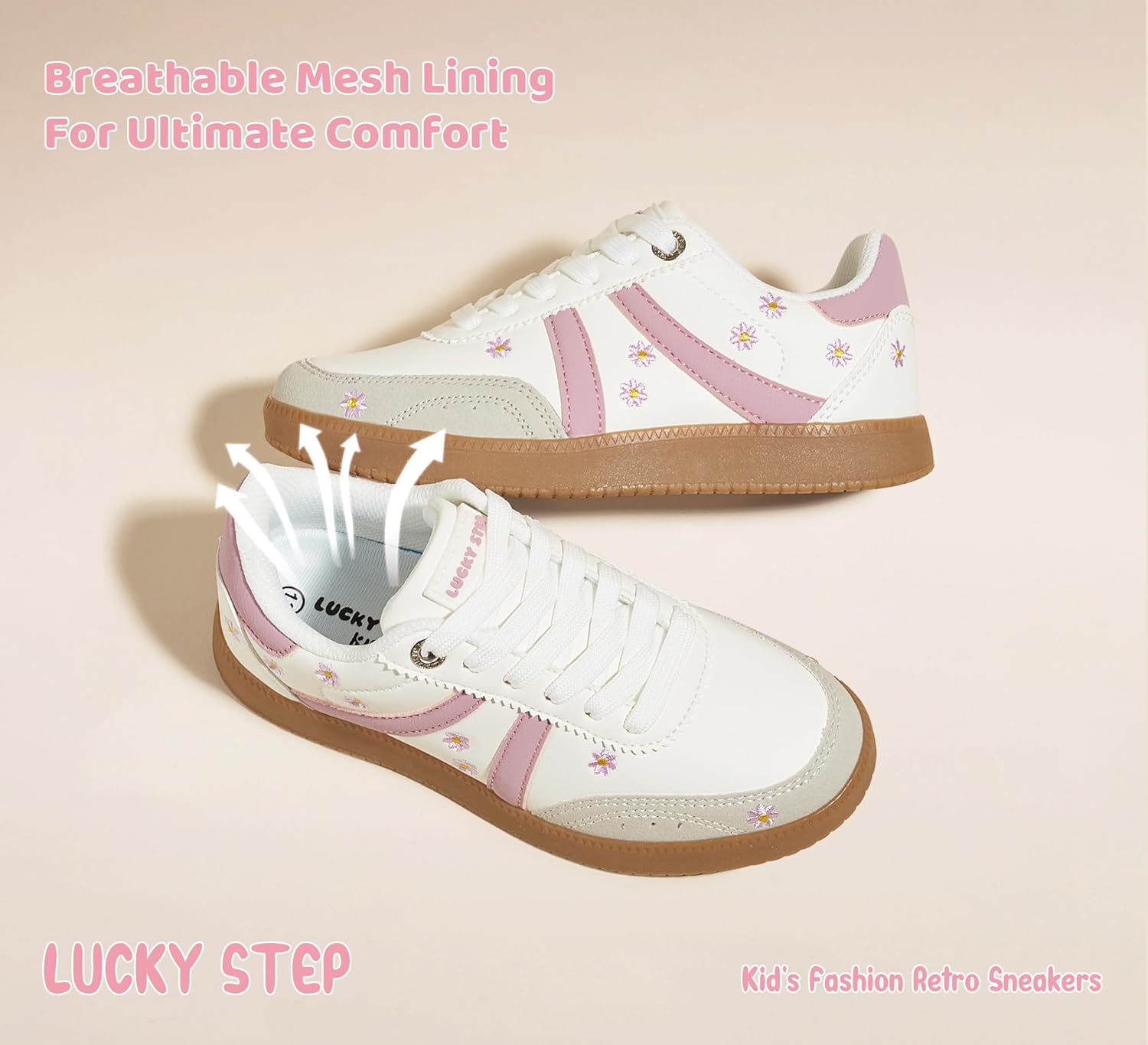 LUCKY STEP Kids Classic Retro Tennis Sneakers Fashion Gum Sole Casual Floral Embroidery Walking Shoes for Big&Little Kid and Toddler - Image 6