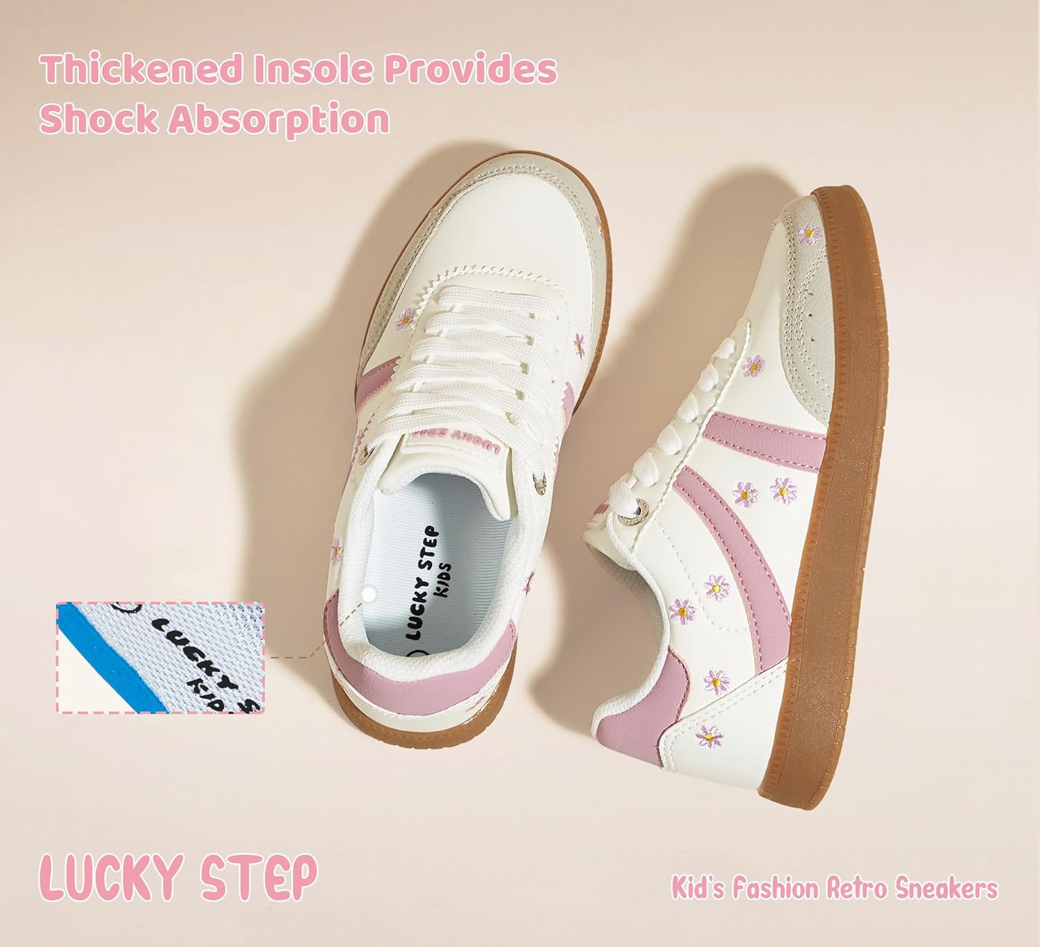 LUCKY STEP Kids Classic Retro Tennis Sneakers Fashion Gum Sole Casual Floral Embroidery Walking Shoes for Big&Little Kid and Toddler - Image 7