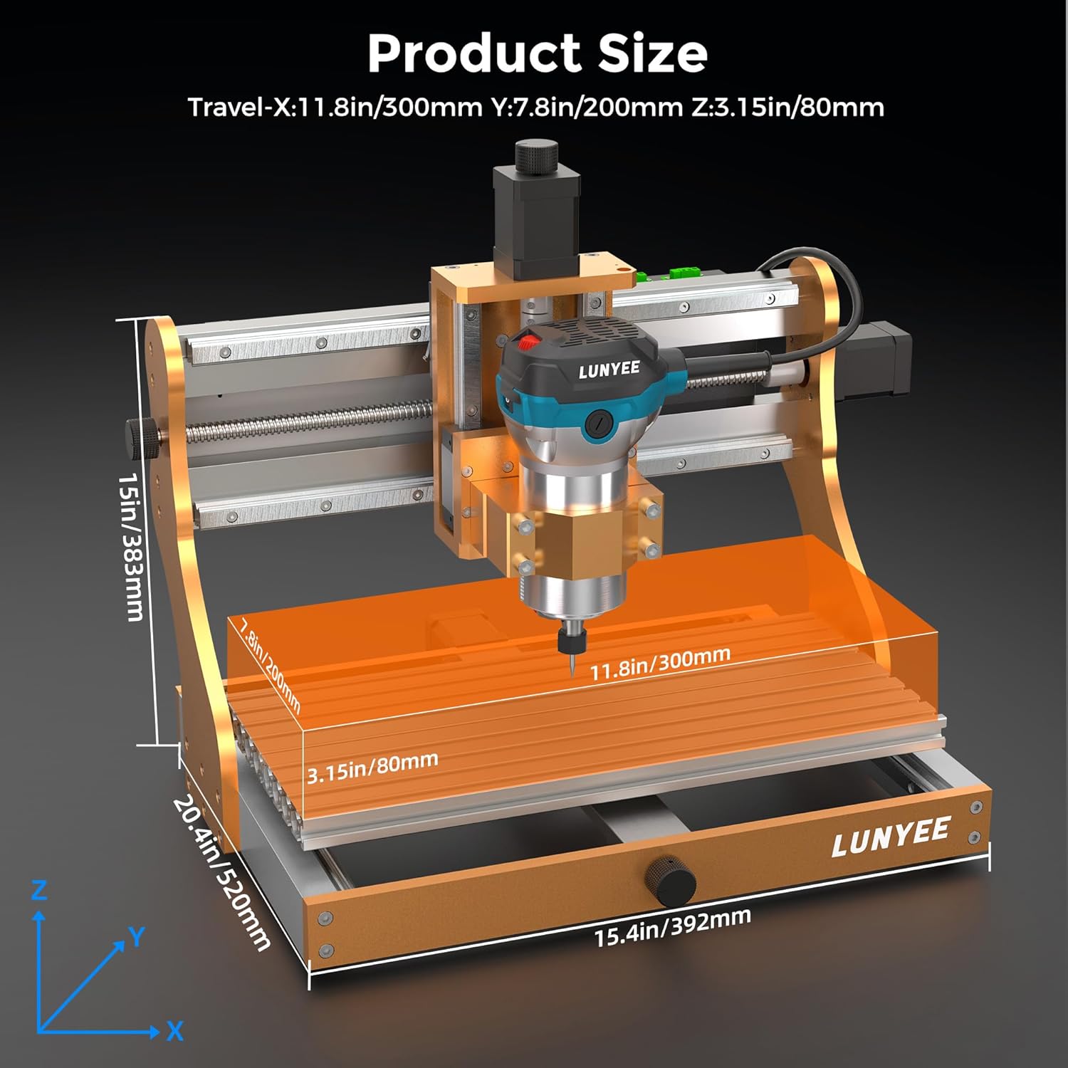 LUNYEE 3020 Nova CNC Router Machine, All-Metal XYZ Axis Linear Guides and Ball screw with 800W Trimmer Router, Suitable for Cutting Aluminum, Brass, Stainless steel, Wood, Acrylic, MDF, and Plastics