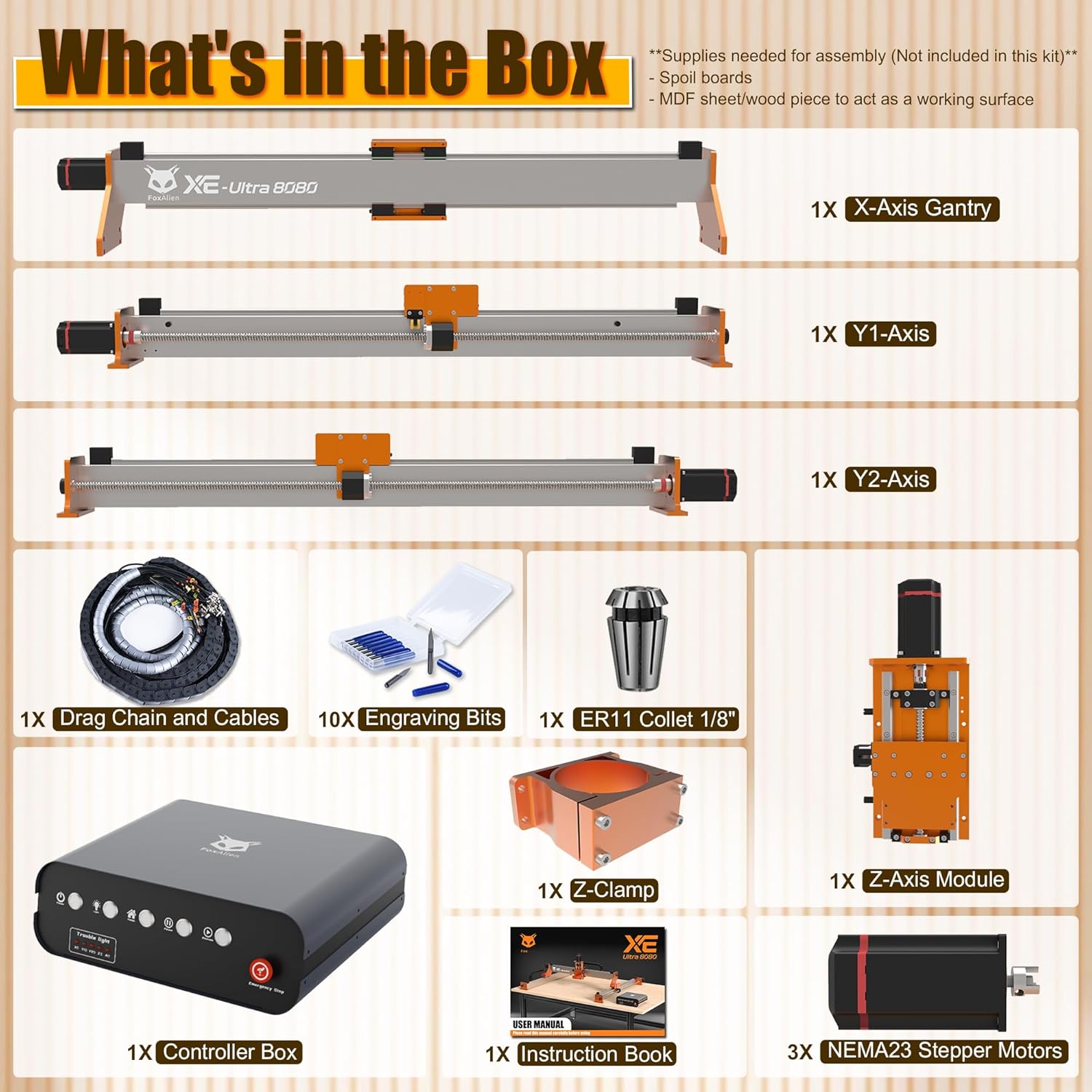FoxAlien XE-Ultra 8080 CNC Router Machine with NEMA 23 Closed-loop Stepper Motor, Large Size Benchtop Engraving Milling Machine for Woodworking, Aluminum, Acrylic, Carbon Fiber DIY Cutting - Image 8