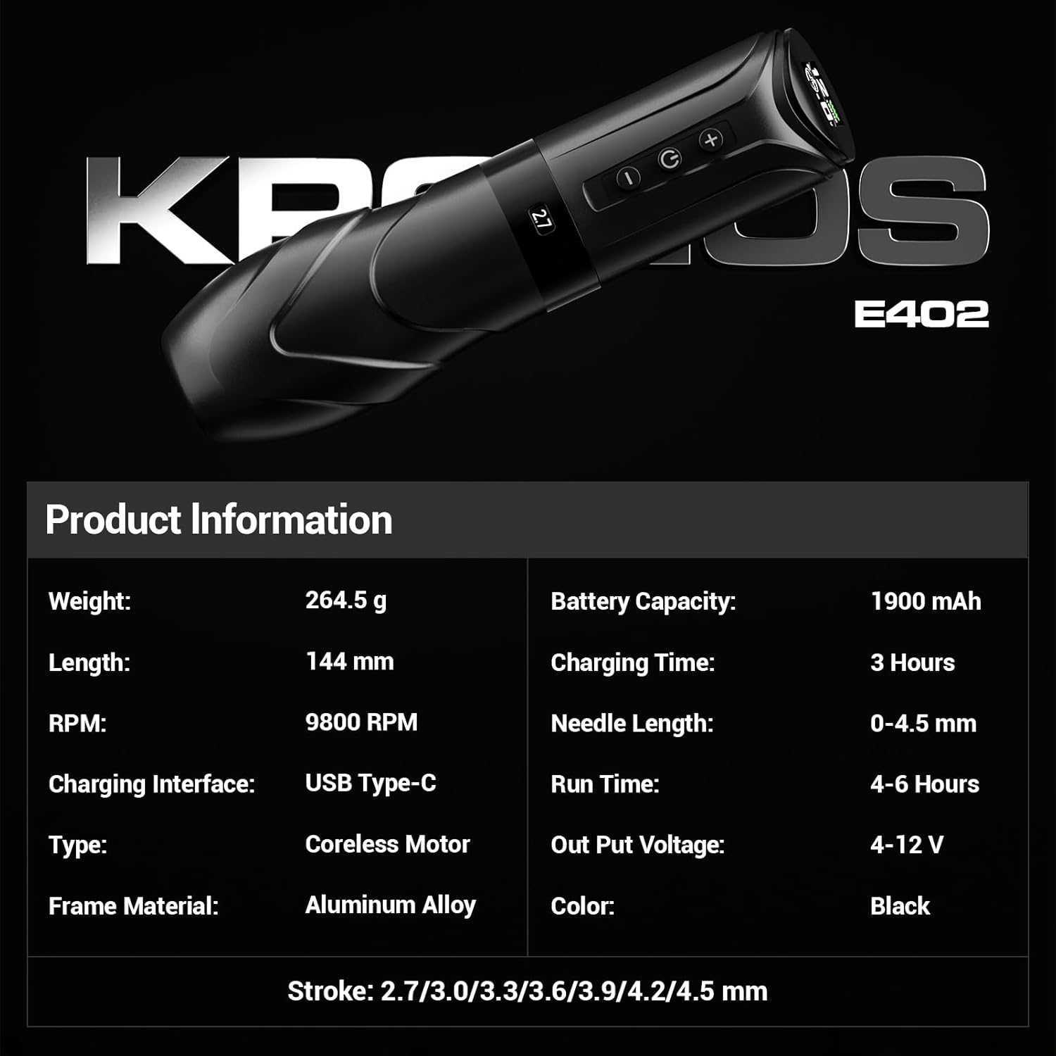 CNC Wireless Tattoo Machine with 7 Adjustable Strokes(2.7-4.5mm),3800mAh Dual Batteries,Rotary Tattoo Pen Coreless Motor for Tattoo Artist Supply CNC-M2-E402-1