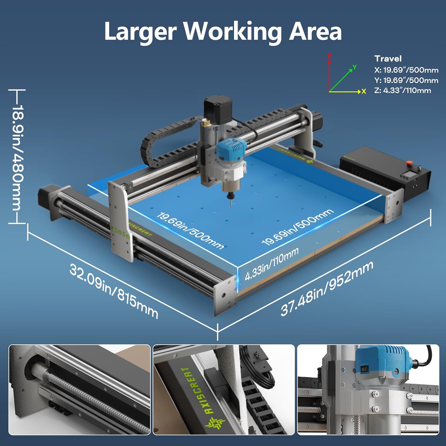 Axiscreat 5050 CNC Machine with Linear Rails Ball Screws on 3-Axis, 710W Trim Router Spindle Engraving Milling Machine for Wood Acrylic Aluminum Cutting