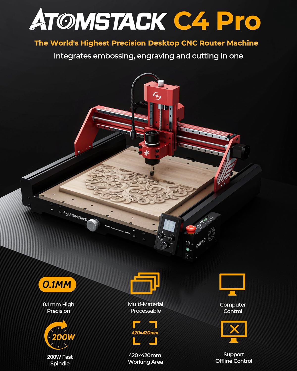ATOMSTACK C4 Pro 4-Axis CNC Router Machine, 200W Spindle, Desktop Cutting and Milling Machine, Offline Control, 420×420mm Working Area, Relief Engraving for Wood, Plastic, Aluminum, Brass, PCB