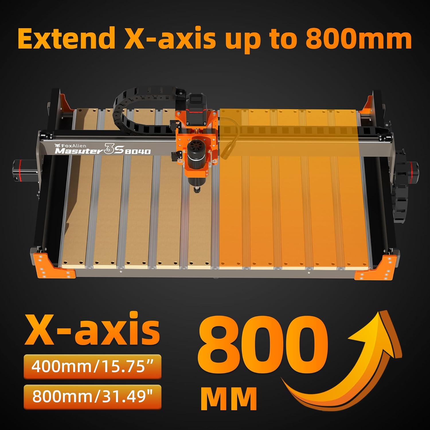 FoxAlien 3S 8040 X-axis Extension Kit with T-slot Hybrid Spoilboard for Masuter 3S CNC Router Machine, for Large Engraving Carving Projects (Extend X-axis to 800mm) - Image 4