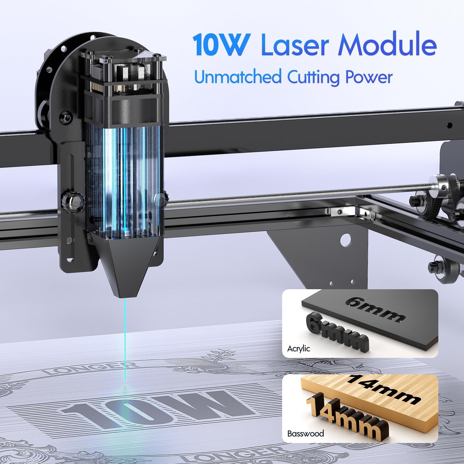 Longer RAY5 10000mW Laser Engraver with Air Assist Kit, Rotary Roller, and 8 Pcs Raiser, Compressed Spot CNC, App Offline Control, DIY Engraving Tool for Metal/Glass/Wood, Class 4. - Image 3