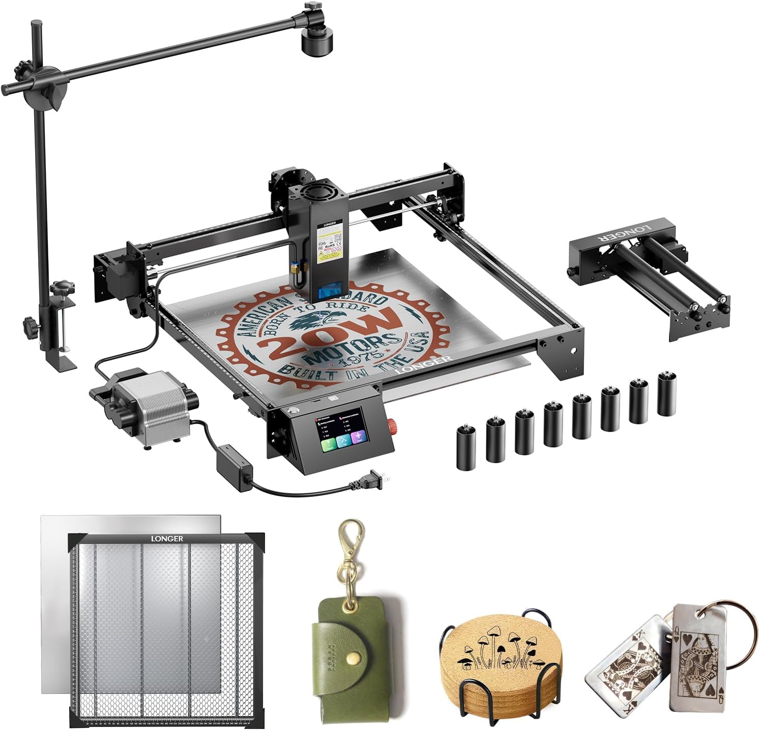 Longer RAY5 10000mW Laser Engraver with Air Assist Kit, Rotary Roller, and 8 Pcs Raiser, Compressed Spot CNC, App Offline Control, DIY Engraving Tool for Metal/Glass/Wood, Class 4. - Image 9
