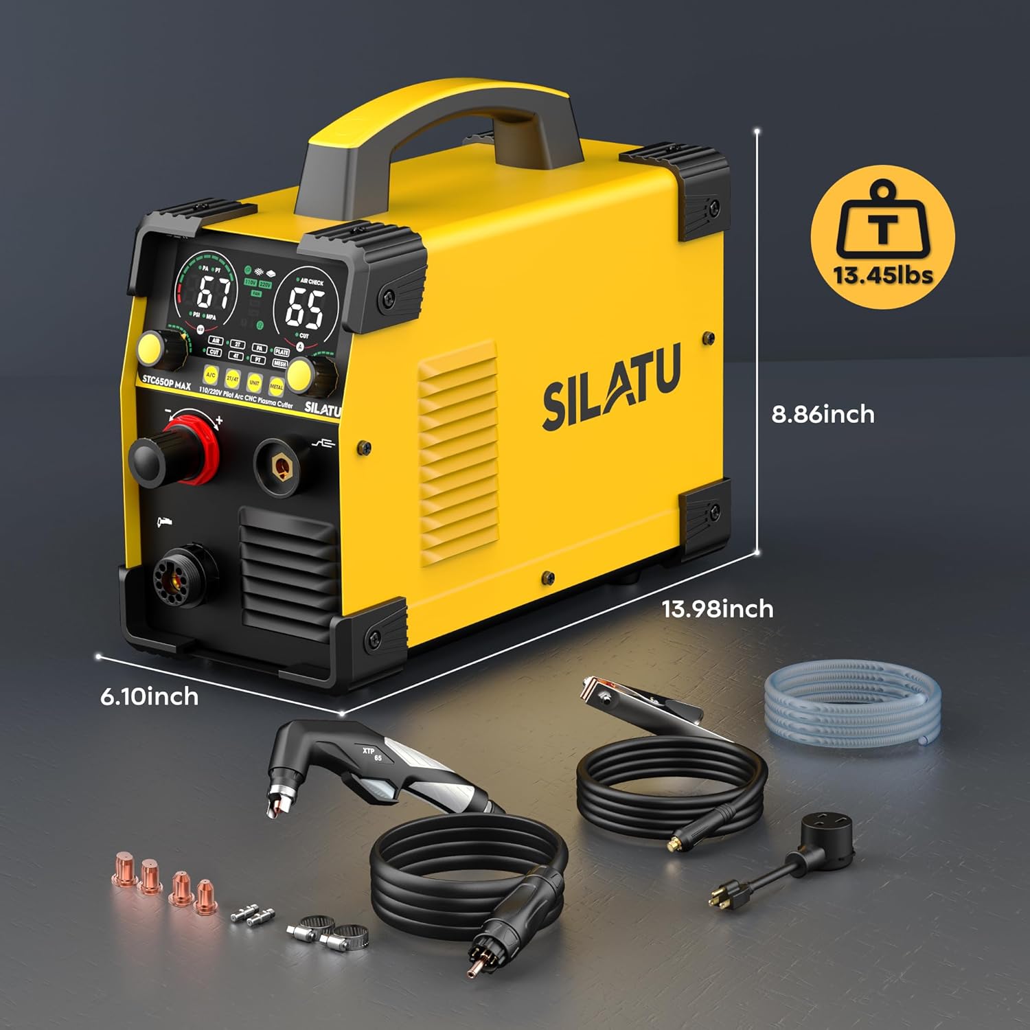SILATU Plasma Cutter, 65Amps Non-HF Blowback Pilot Arc CNC Plasma Cutter Machine, 110/220V Dual Voltage Large LED Display Air Sensor Technology, 3/5'' Clean Cut 1'' Max Cut, PT/2T/4T for Beginners DIY