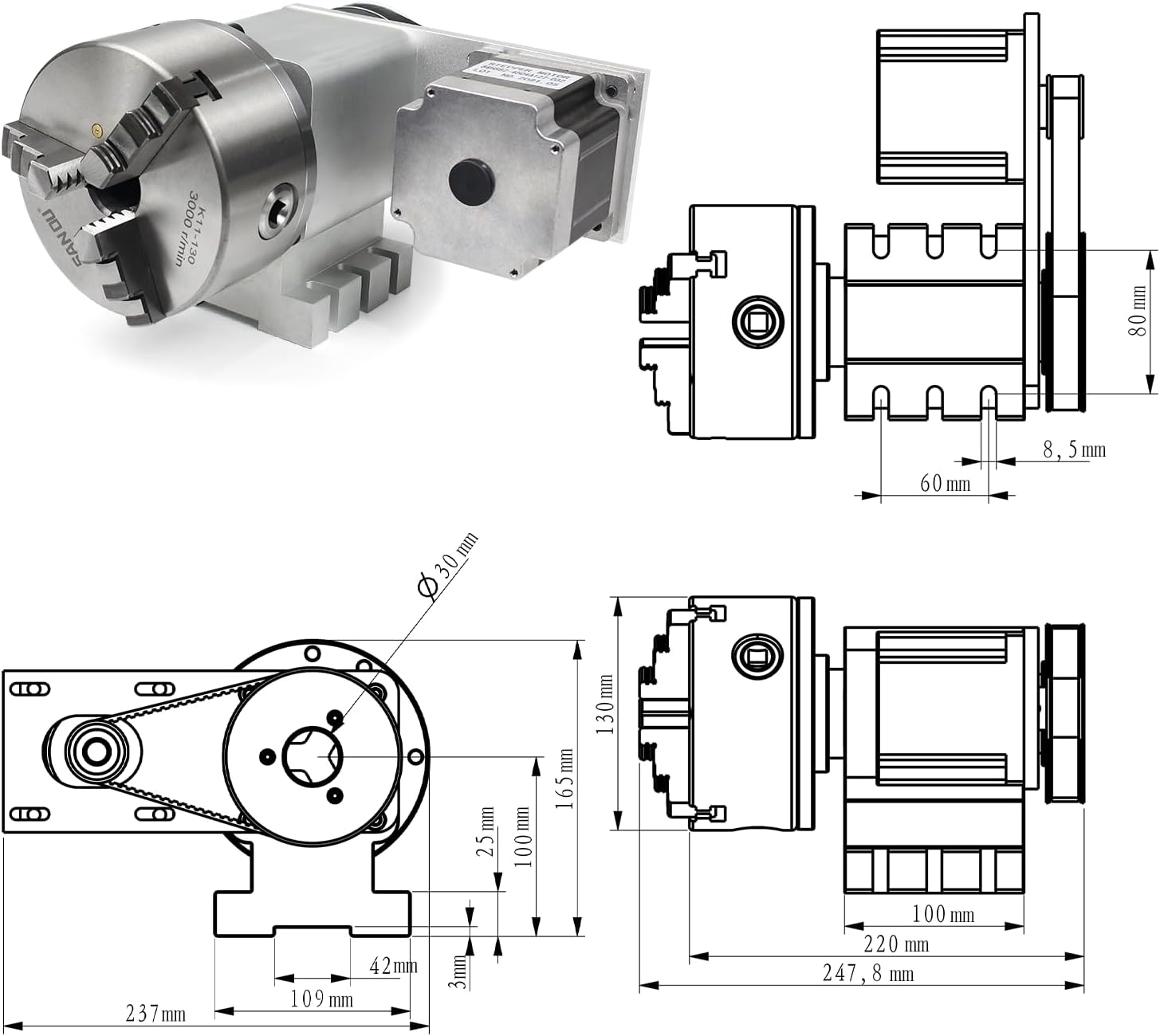 RATTMMOTOR K11-130mm CNC Router Table Rotary Milling Machine Rotational Axis A 4th Axis, 130mm 3 Jaw Chuck Dividing Head Reducing Ratio 4:1, Nema34 Stepper Motor