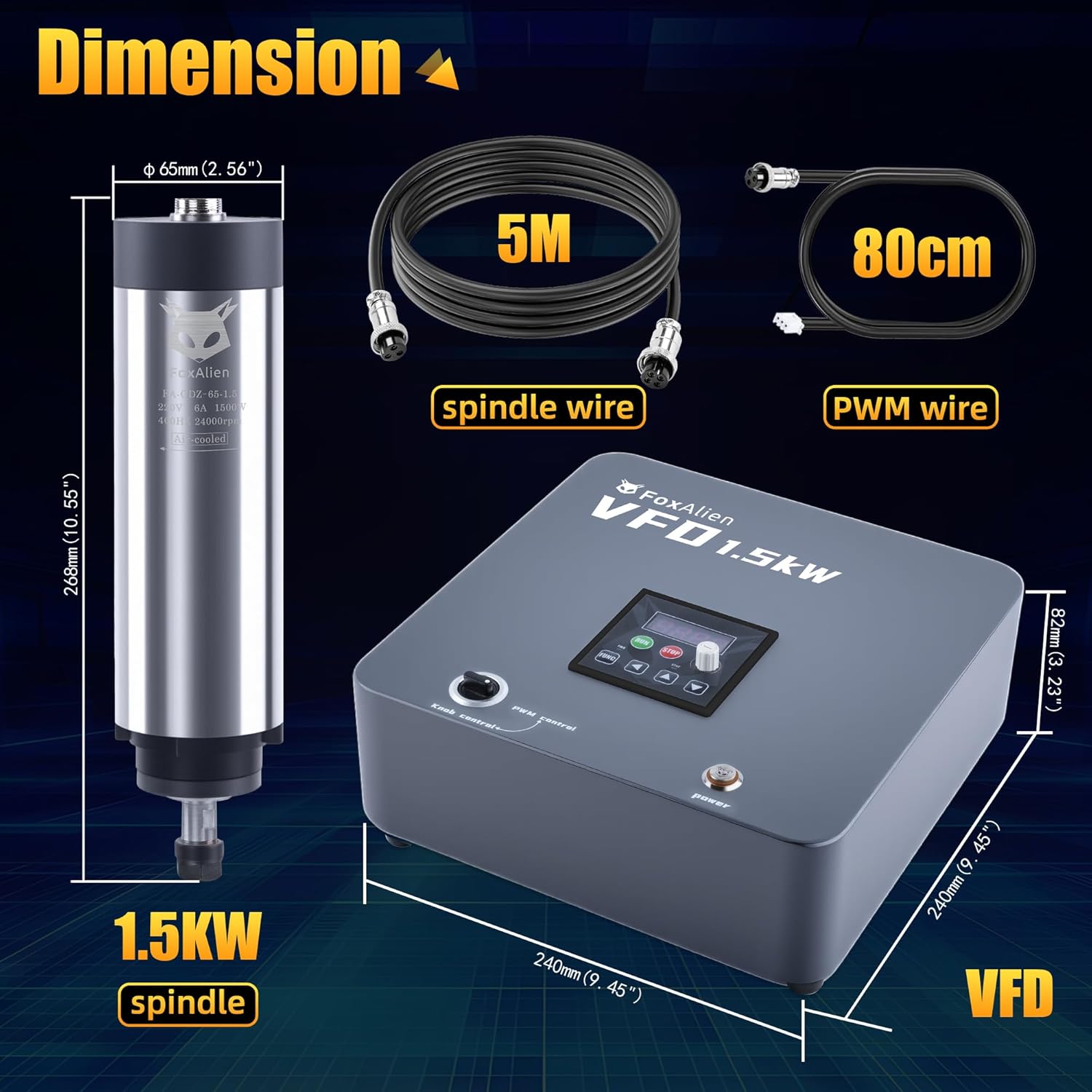 FoxAlien 1.5KW VFD Air Cooled CNC Spindle Motor Kit for CNC Router Machine, 65mm Diameter 24000 RPM Spindle for Wood Acrylic Aluminum Copper Carving Cutting