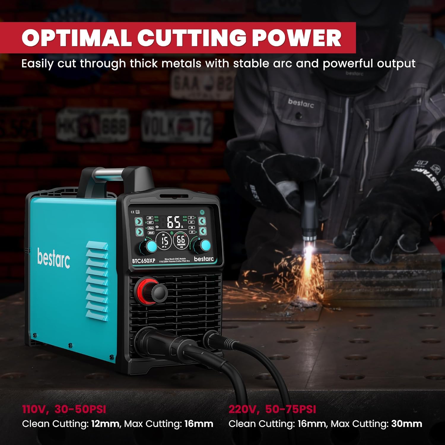 bestarc Plasma Cutter, [Blow Back Pilot Arc][Large LED][Air Sensor] 65A Non-HF CNC bestarc Plasma Cutter Machine 110V/220V Dual Voltage, 5/8" Clean Cut 1.18" Max Cut, Post Flow 2T/4T for Beginners DIY