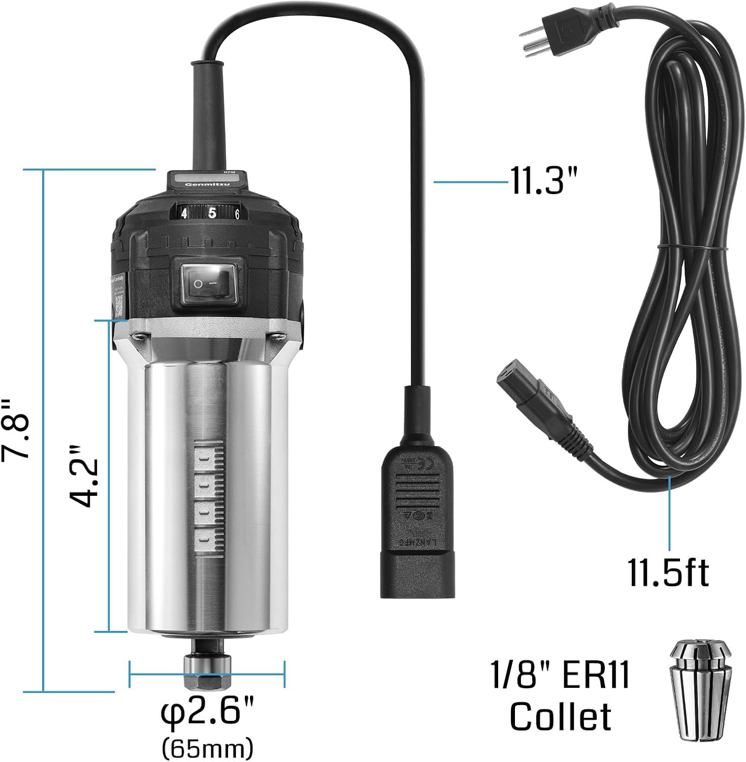 Genmitsu 710W CNC Compact Router 65mm Diameter, Spindle Motor with LCD Digital Display 6 Adjustable Speeds, 1/8” ER11 Collet, 4 Carbon Brushes, for CNC Milling Machine