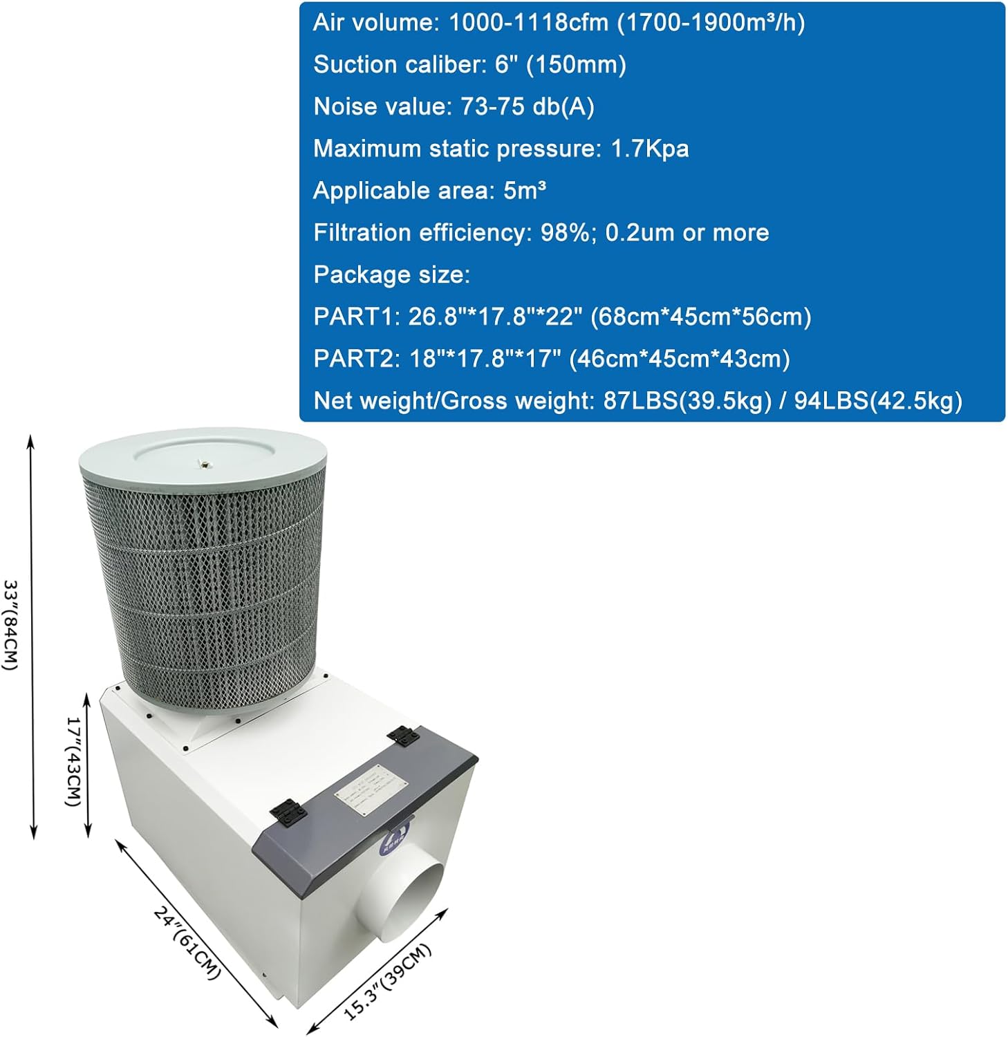 Machanical Oil Mist Collector 220V 1500W 3PH Industrial Oil Fume Purifier CNC Machine Tool Soot Purifier 1000-1117CFM 6" Suction Caliber 5m³