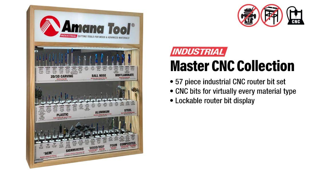 Amana Tool AMS-CNC-60 CNC Master Router Bit Collection Includes 57 SKUs and LED Illuminated Mirrored Interior and Solid Wood Display