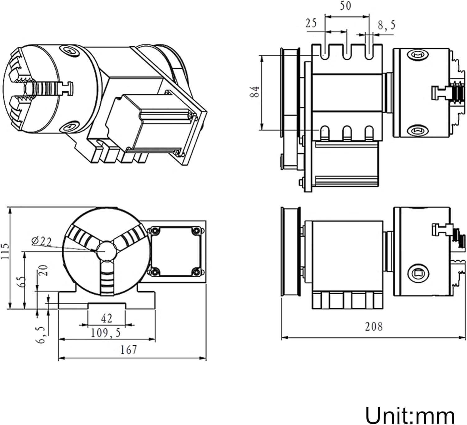 CNCTOPBAOS CNC Rotary Axis 4th Axis with 3 Jaw Chuck,K11-100mm Hollow Shaft Dividing Head Rotational A Axis,with 65mm Tailstock,Reducing Ratio:6:1 for CNC Router Lathe Engraving Milling Machine