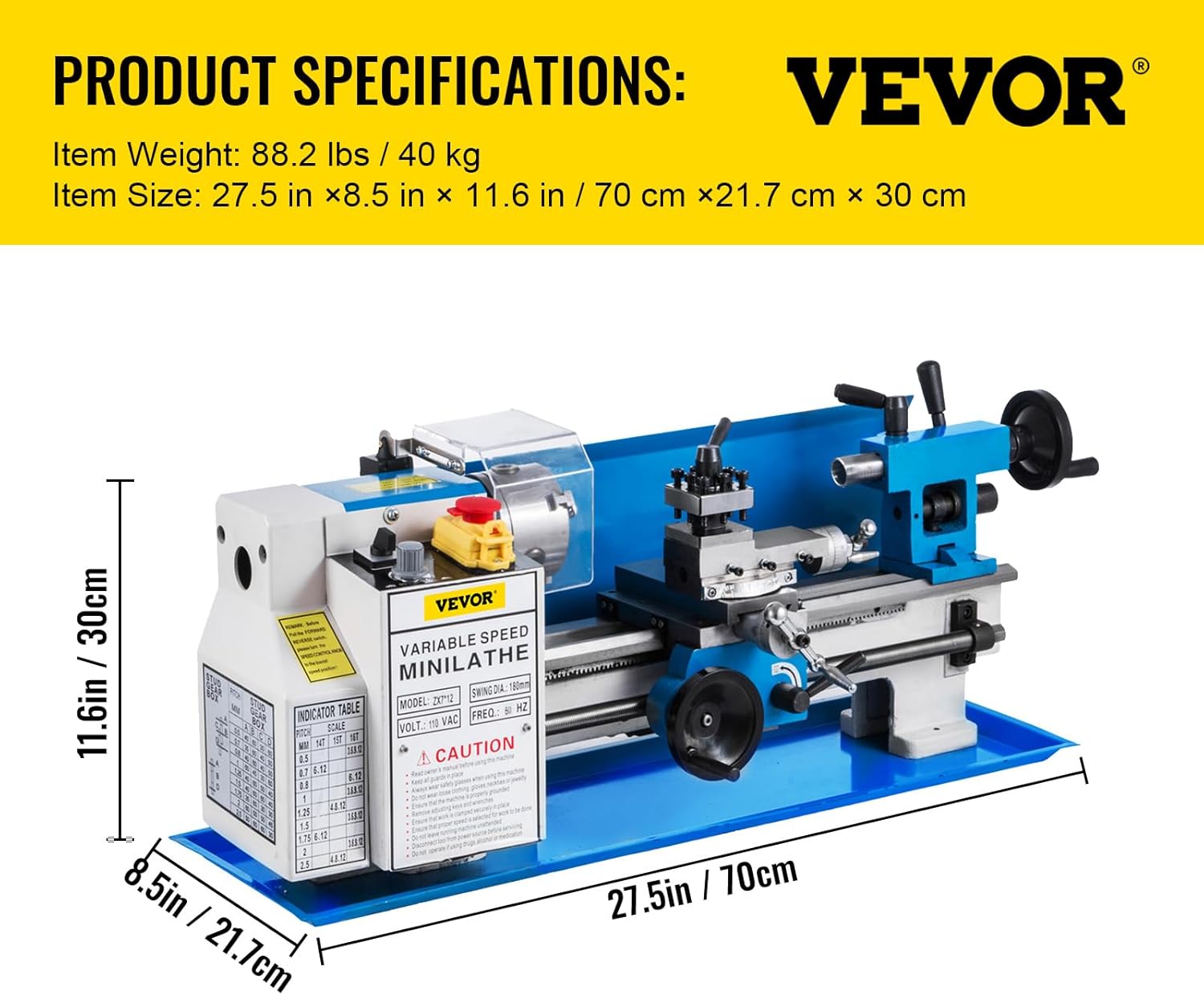 VEVOR Metal Lathe 7"x12", Precision Bench Top Mini Metal Lathe, 550W, Variable Speed 50-2500 RPM, Nylon Gear, Movable Lamp for Precision Parts Processing