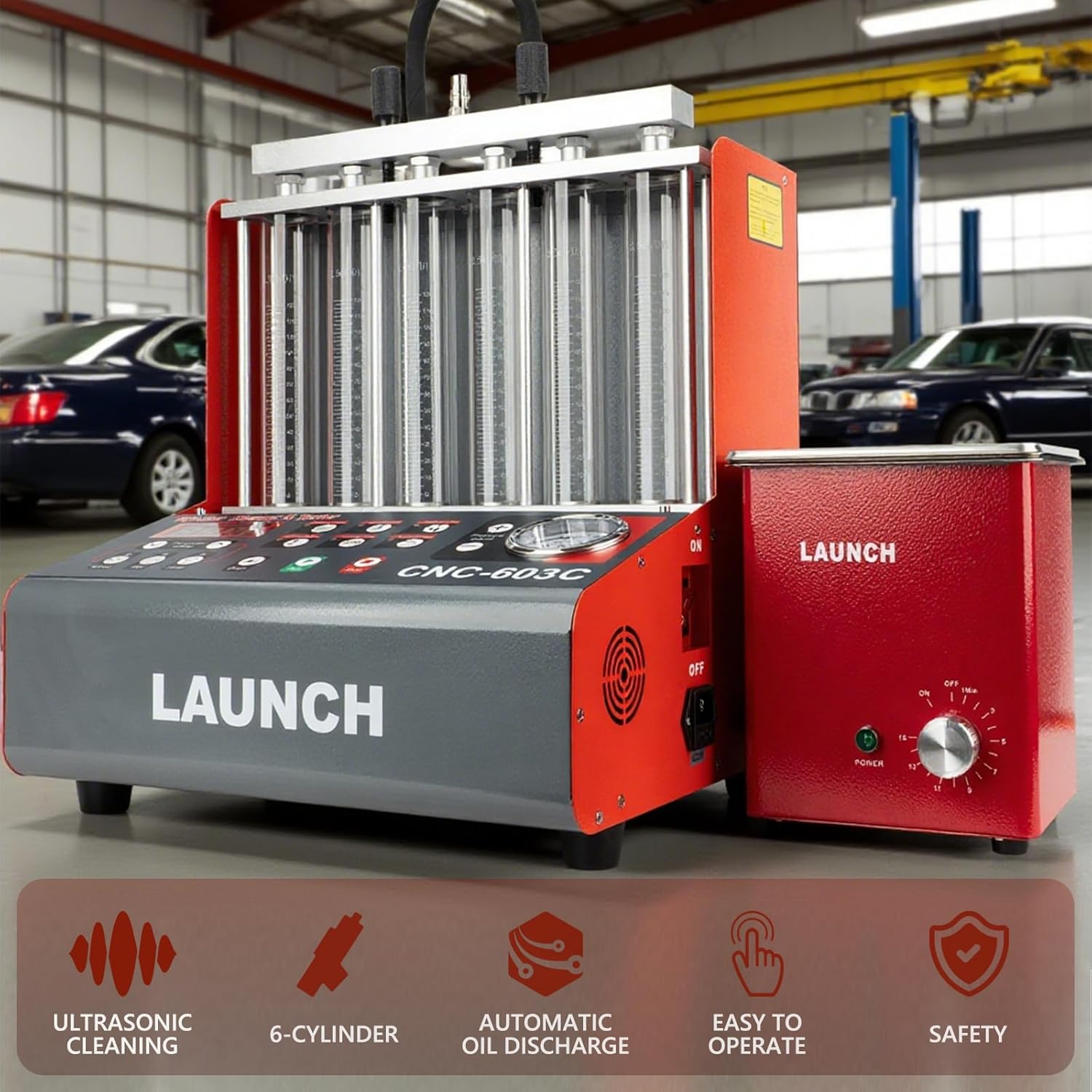 LAUNCH X-431 CNC-603C 6-Cylinder Fuel Injector Cleaning Machine with Exclusive Automatic Oil Discharge Function Automotive Ultrasonic Fuel Injection System Tester and Cleaner - 110V