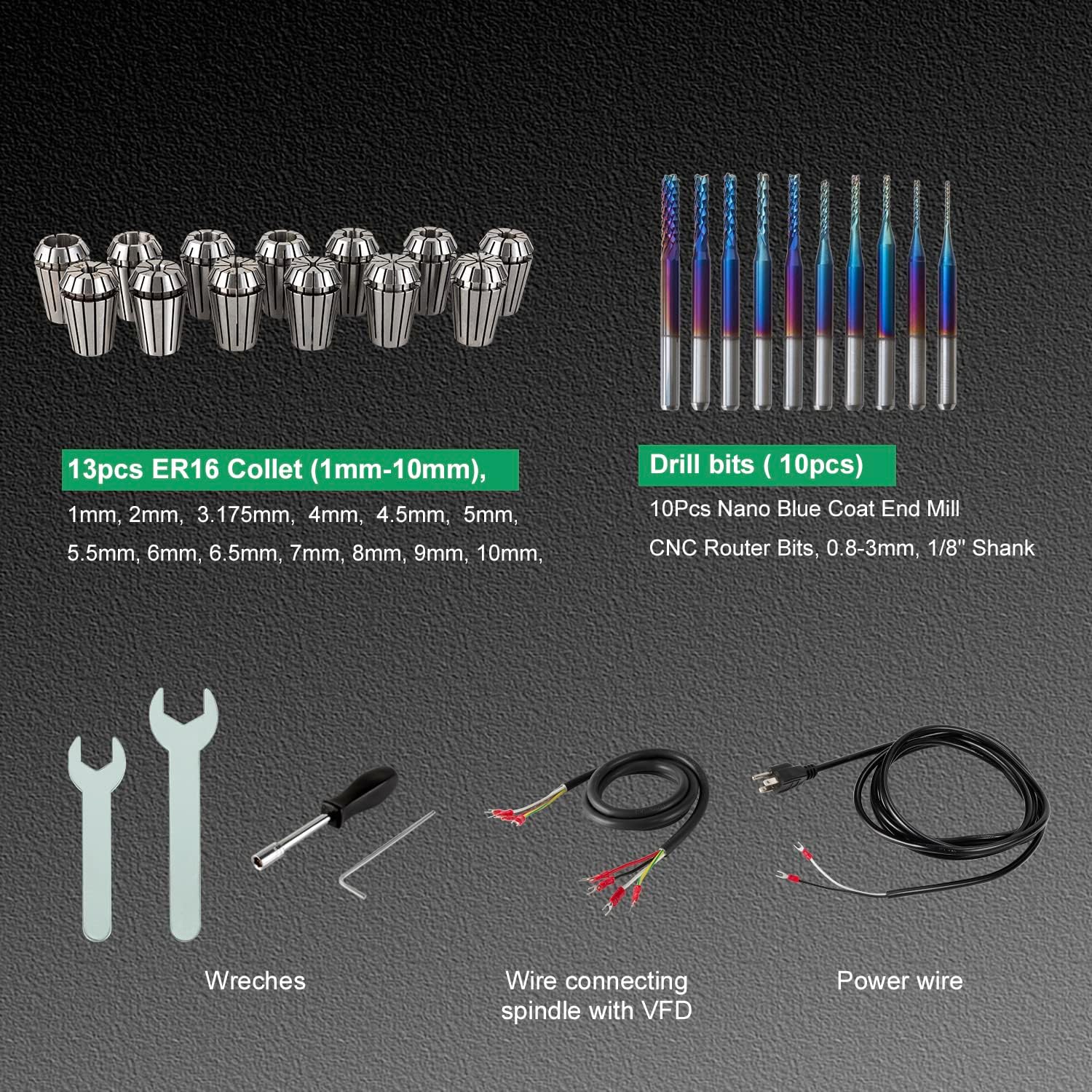 CNC Spindle Motor Kits,110V 1.5KW ER16 Square Air Cooled Spindle Motor CNC Spindle CNC Motor + 110V 1.5KW VFD + Collets Set ER16+ Wires + Drill Bits+Wrenches for CNC Router Machine - Image 8