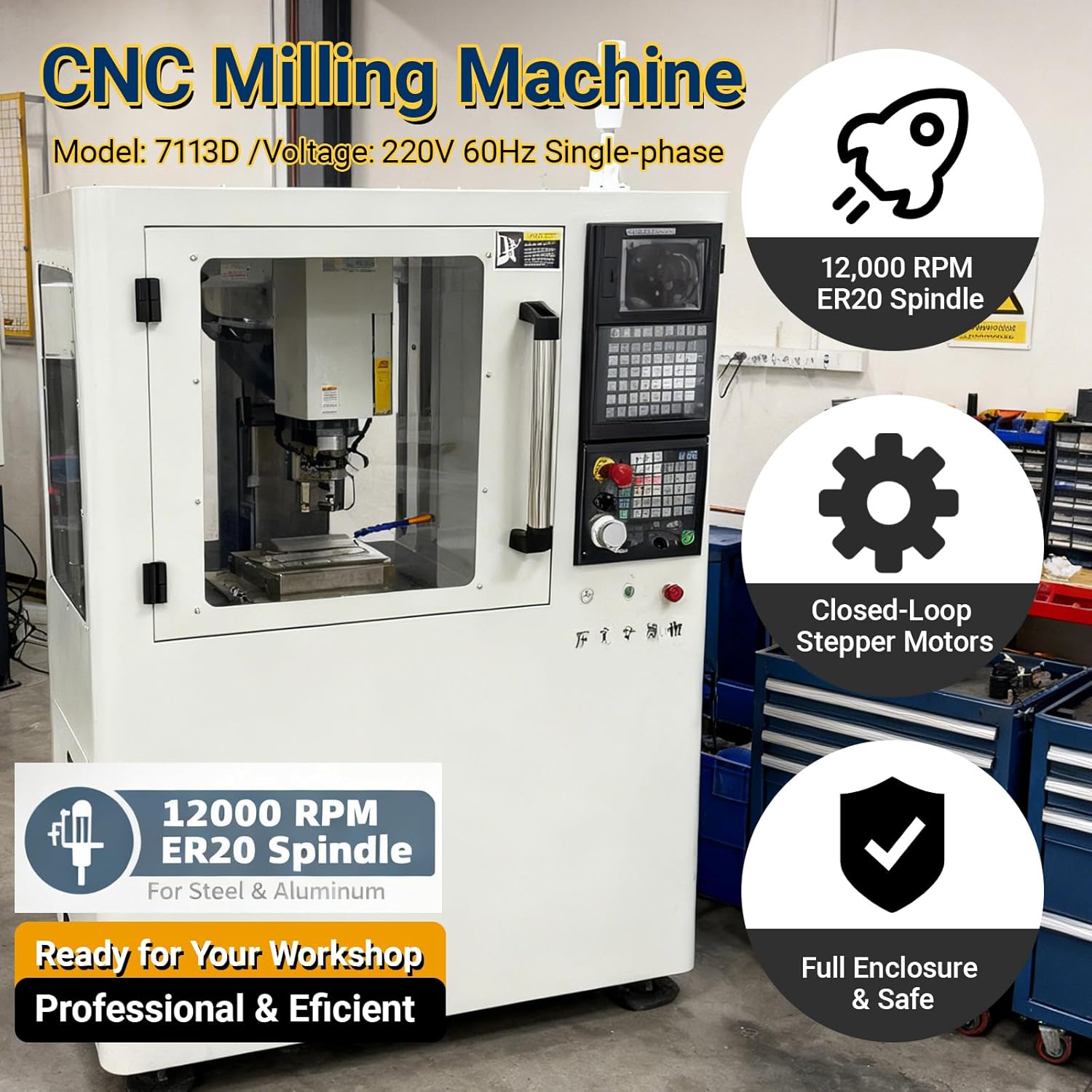 CNC Milling Drilling Machine 400x140mm Workbench, ER20 Spindle 12000RPM, 13mm Max Drill/Mill, Programmable Benchtop Mill with Closed-Loop Stepper Motor & Full-Sealed Cover 220V