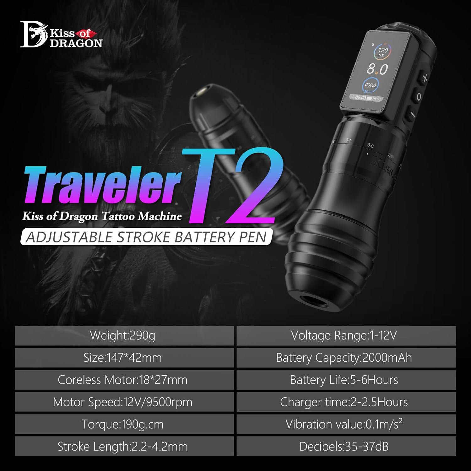 Kiss Of Dragon 'TRAVELER-T2' Cordless Tattoo Machine Adjustable Pen Strokes with 42mm Grip Pen Extra Professional 2000mAh Battery