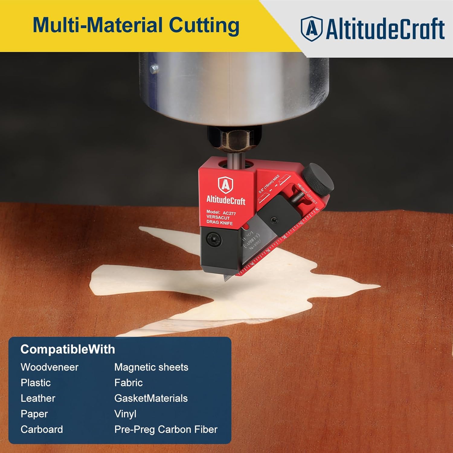 Precision Drag Knife 3/8” Shaft for CNC Router, Adjustable Depth Cutter with Dual Bearings, CNC Drag Knife Mount for Vinyl, Cardboard, Plastic, Rubber