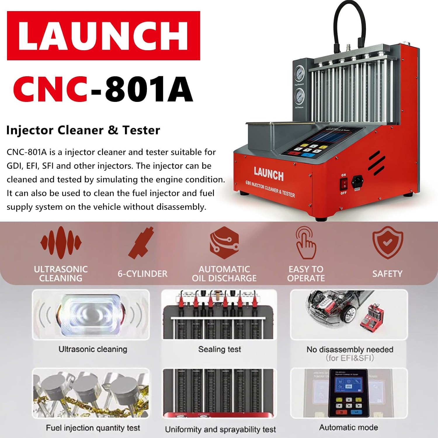 LAUNCH X-431 CNC-801A Fuel Injector Cleaner Machine 6-Cylinder Ultrasonic GDI EFI SFI Fuel Injector Tester and Cleaner Fuel Injector System Cleaning Machine - 110V