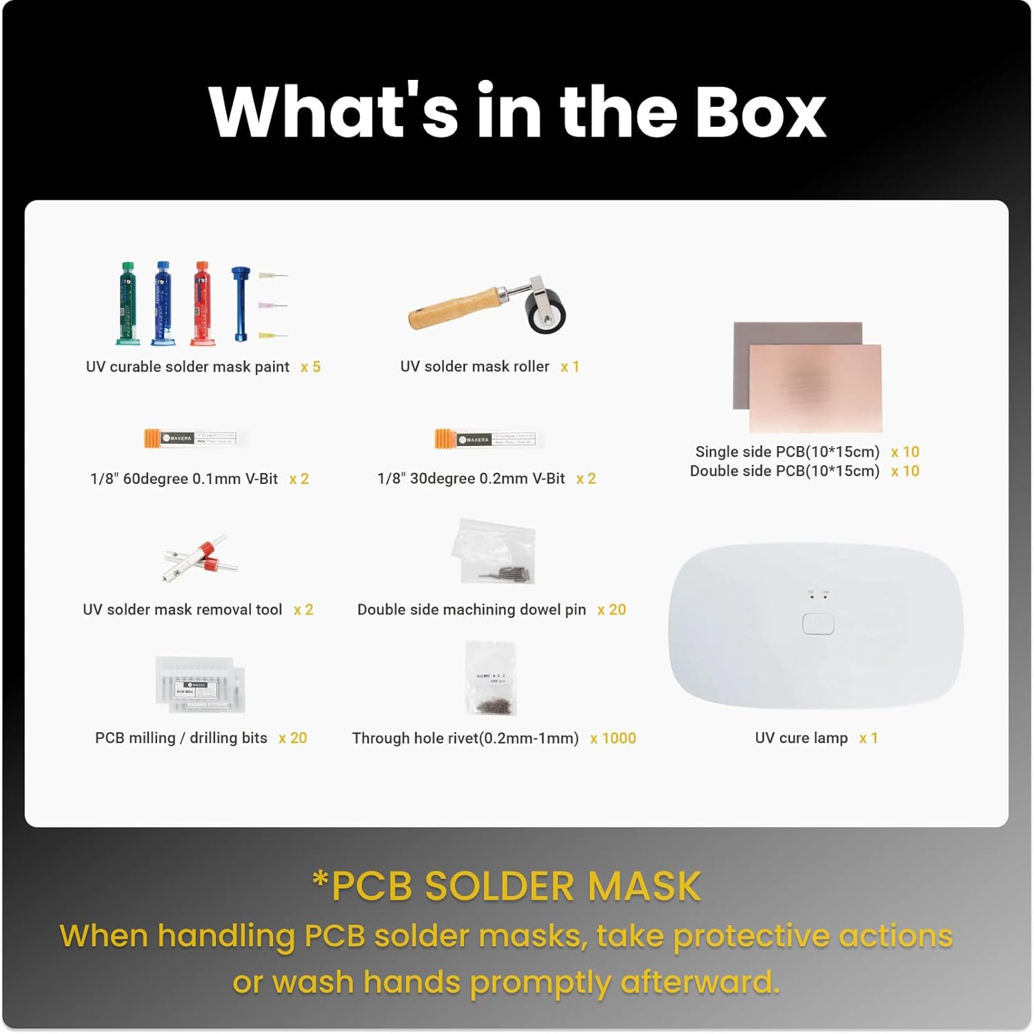PCB Fabrication Pack for CNC, Single and Double Sided Copper Clad Laminate PCB *20 Panels, V-Groove/Micro-tip Engraving Bit,Corn Cob Set, Micro-drill Set, Components for PCB CNC Toolkit by Makera