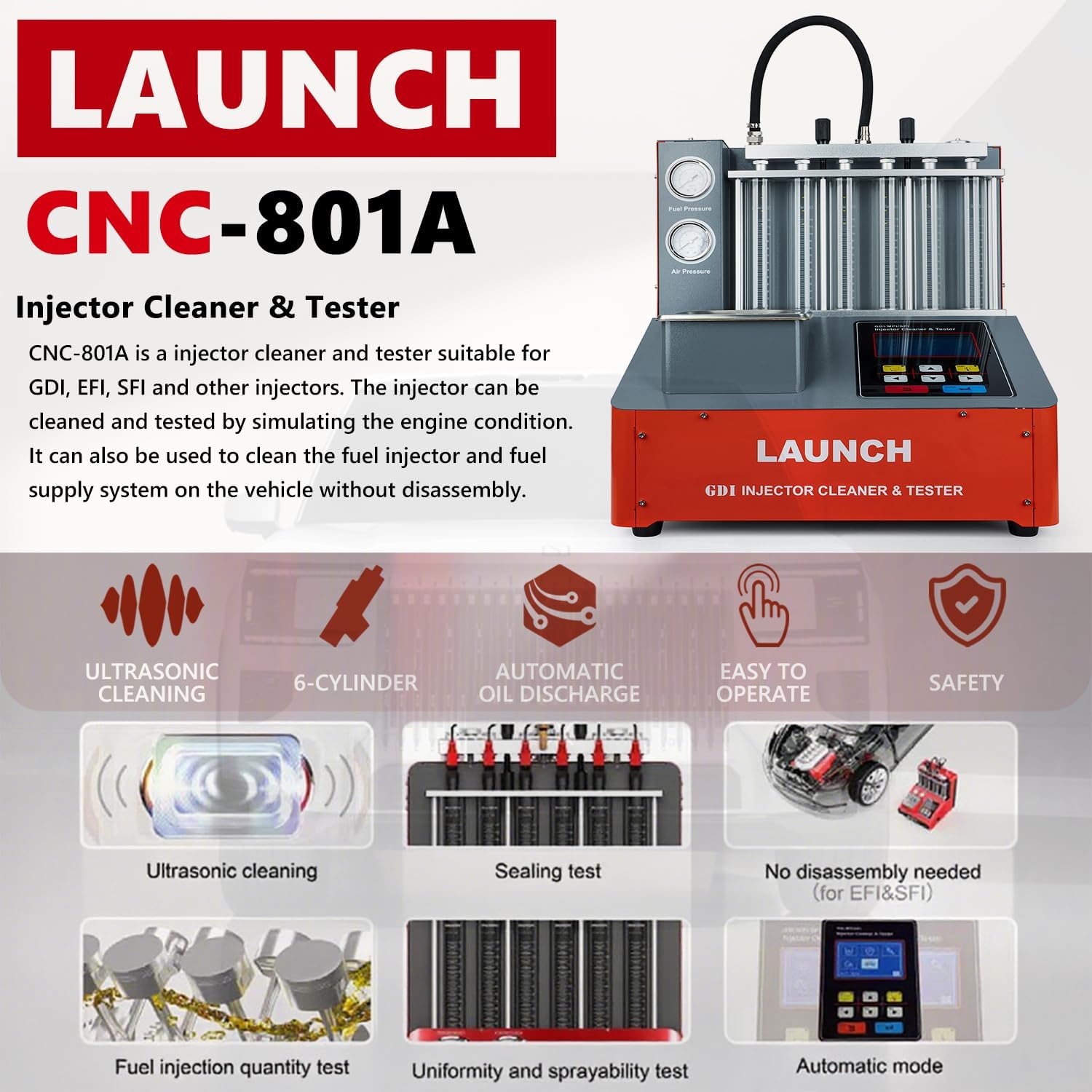 LAUNCH CNC801A GDI Fuel Injector Cleaning Machine - 2026 Latest Version 6-Cylinder Ultrasonic Fuel Injection System Tester & Cleaner with Exclusive Automatic Oil Discharge for GDI EFI SFI Nozzles