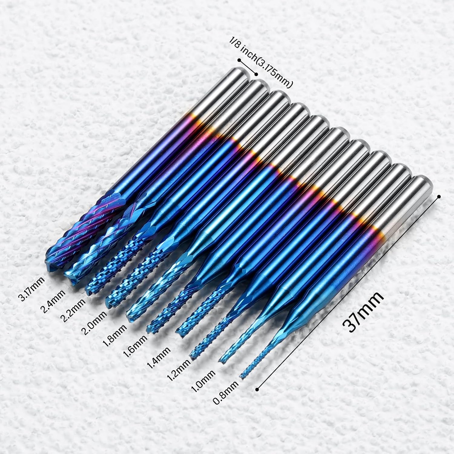 SainSmart Genmitsu 10Pcs Nano Blue Coat End Mill CNC Router Bits, 0.8-3mm, 1/8" Shank