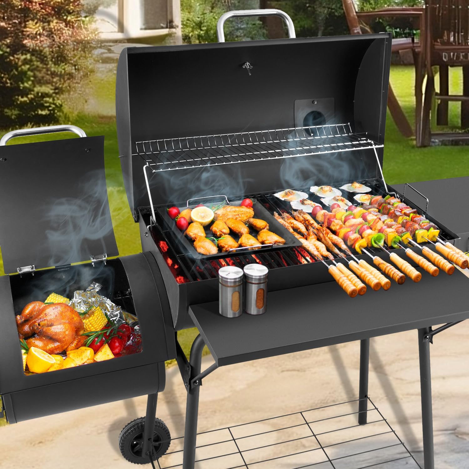 Charcoal Grill with Offset Smoker,BBQ Grills with Side Table,Outdoor Cooking with 714 Square Inches,Backyard Camping Picnics, Patio and Parties, Black by DNKMOR