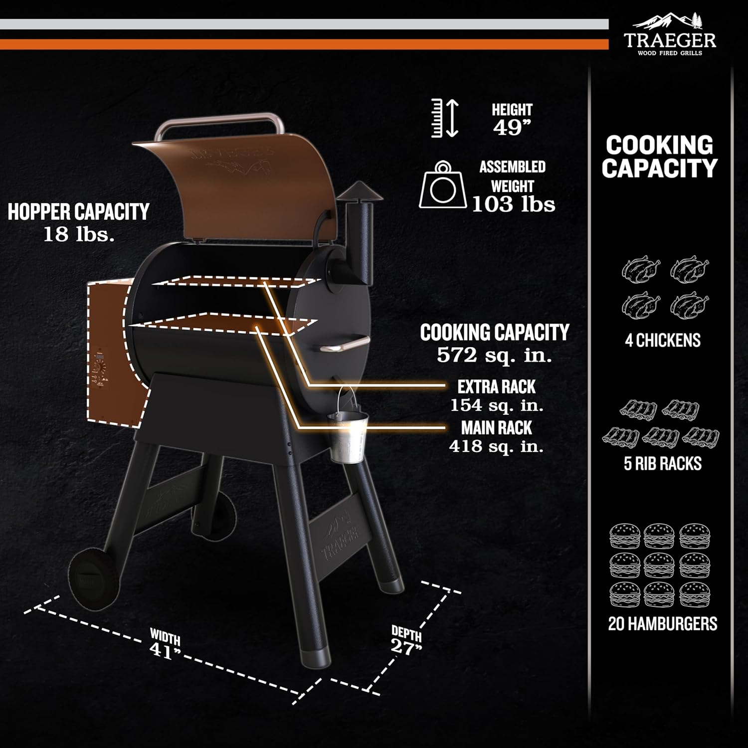 Traeger Grills Pro 22 Wood Pellet Grill & Smoker, Electric Pellet Smoker Grill Combo, 6-in-1 BBQ Versatility, 572 sq. in. Grilling Capacity, Meat Probe, 450 Degree Max Temperature, 18LB Hopper, Bronze