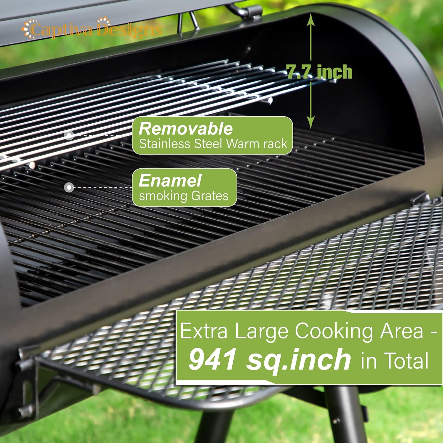 Captiva Designs Heavy Duty Outdoor Smoker,Extra Large Cooking Area(941 sq.in. in Total) Offset Smoker, Best Charcoal Smoker and Grill Combo for Outdoor Garden Patio and Backyard Cooking - Image 2